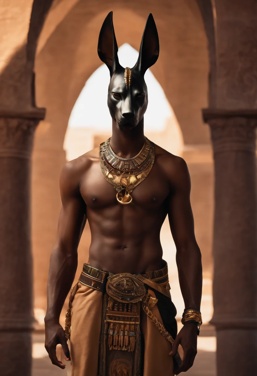 nsfw,1boy,god Anubis (male),thin macho,droopy dick,big dick,dark skin,hands on hips,