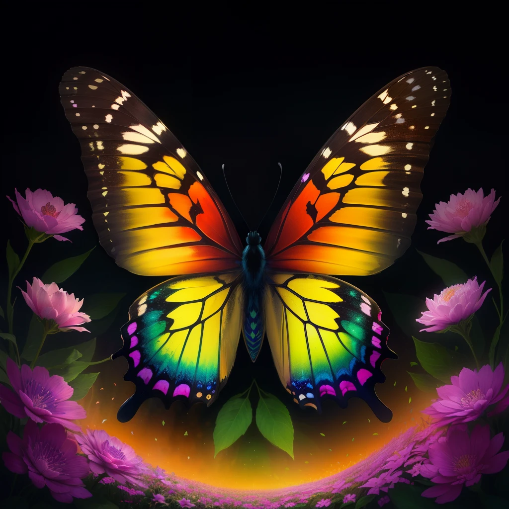 Psychedelic butterfly in a black forest highlighting its beautiful flowers in a surreal image in high resolution