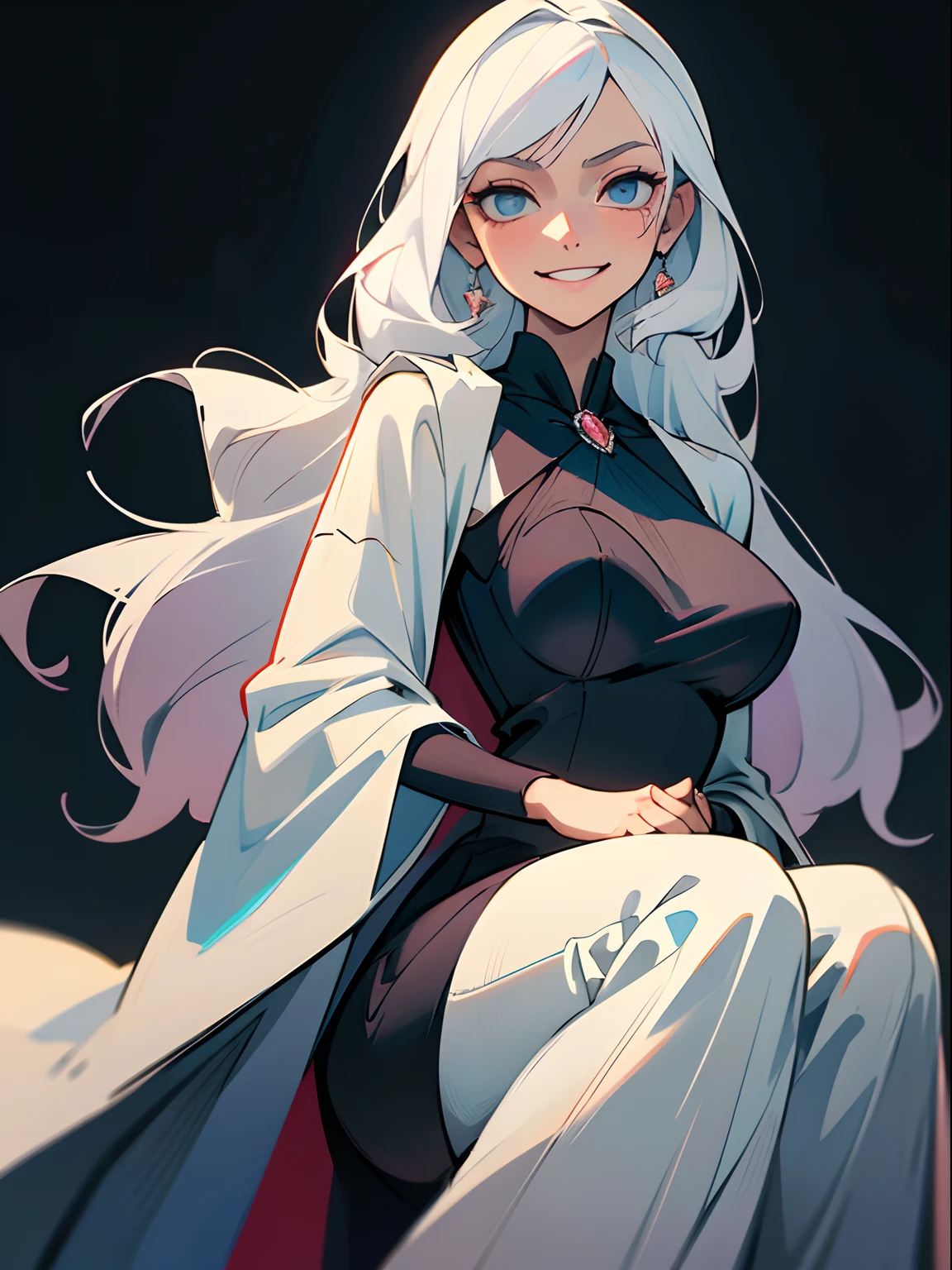 anime woman, young woman, ((solo)), ((1 lady)), long white hair, black dress, fancy simple dress, white haired lady, grinning lasciviously, perfect young woman, well-behaved clothes, gentle face, wearing aristocrat robe