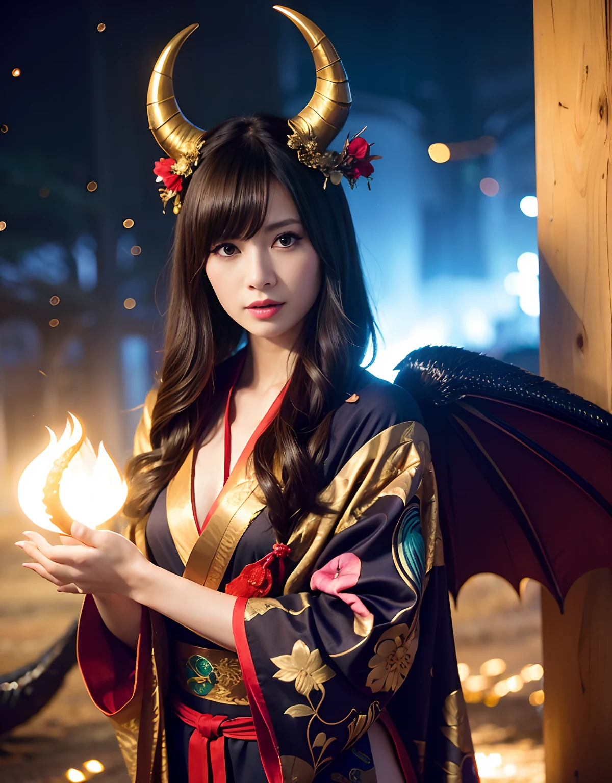 ((World of Darkness)),Professional , masterpiece、top-quality、photos realistic , depth of fields 、(sexypose)、(Black maple on the background of full bloom),(Ultimate Beauty)、A dark-haired、(shrine background)、(Kimono with beautiful pattern)、(Night background)、Beautiful hair ornament on the head、((Precipitous cliffs)),(Wear a beautiful kimono),(Wear a beautiful kimono with colorful floral patterns)、Jewel Gold Weapon、Particles of light),(Wearing a wizard's hat)、Gorgeous gold weapons ,Castle background、(( Gorgeous Dragon Sword)) , (a dark night),,(maikurobikini) 、((Black Haired Beautiful Girl))、(Castle background)、(demonic wings)、((Gangle's forest background))、Beautiful Caucasian beauty、1a person、dynamic ungle,(((Two devil's horns on the head)))、Smaller head、Idle Smile、Thin and beautiful female hands、Mystical expression、Light Effects、intense fighting、Wind-effect、magic circles、With the legendary magic wand、Dragon's tail、Full Body Angle、