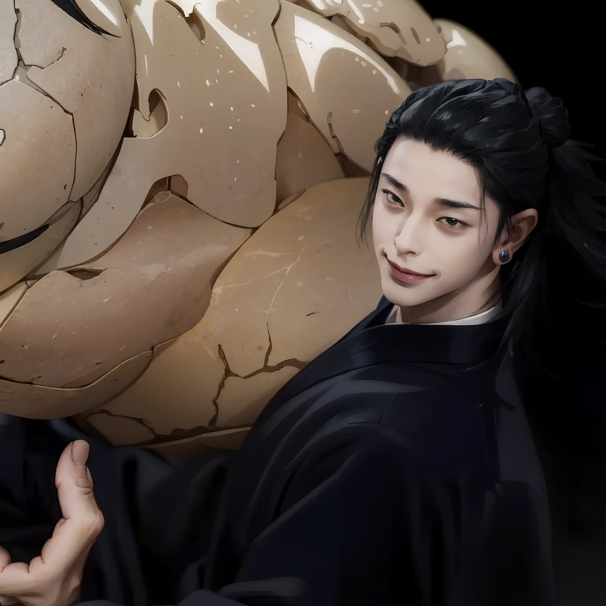 1man, geto suguru in anime jujutsu kaisen, short hair , black hair, black eyes, handsome, smile, black clothes, realistic clothes, detail clothes, city background, ultra detail, realistic