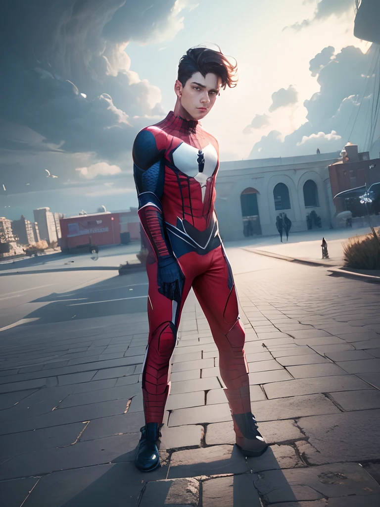 Thomas Stanley Holland as spider-man, vhs effect, beautiful elegant face, upper body portrait, wearing stylish detailed black spider-man armor, symmetrical texture, standard body, white skin (skin texture:1.2 ), detailed everything aerial city view, intricate detail, fine detail, super detail, ray tracing, subsurface scattering, diffuse soft light, shallow depth of field, of (Oliver) Wetter) 4k