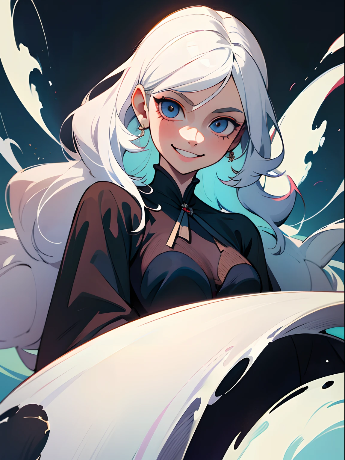 anime woman, young woman, ((solo)), ((1 lady)), long white hair, black dress, fancy simple dress, white haired lady, grinning lasciviously, perfect young woman, well-behaved clothes, gentle face, wearing aristocrat robe, gentle smile