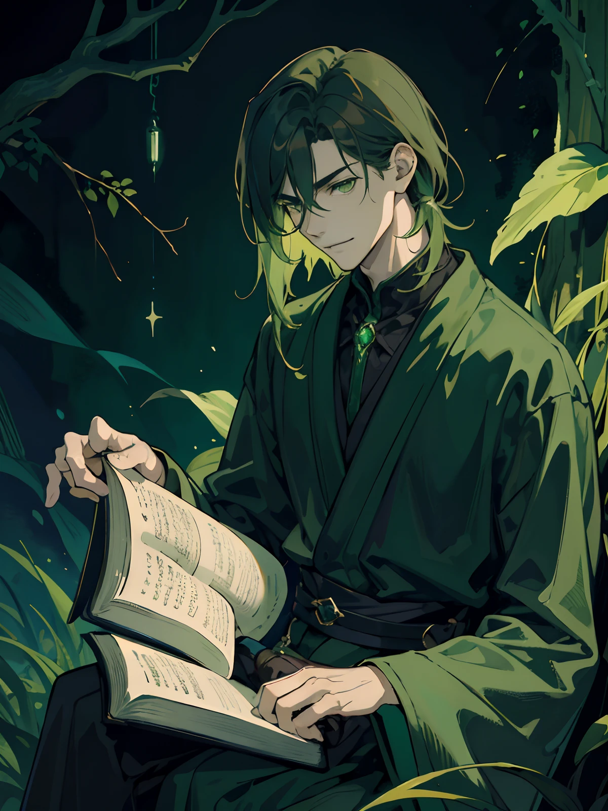 masterpiece, best quality, 1 male, teenager, lean figure, handsome, finely detailed green eyes, intricate details, Slight smirk on his face, villain, dark green robes, book with a variety of spells, mysterious green hue glowing around him, haunted creepy forest, 4k quality, medium length hair