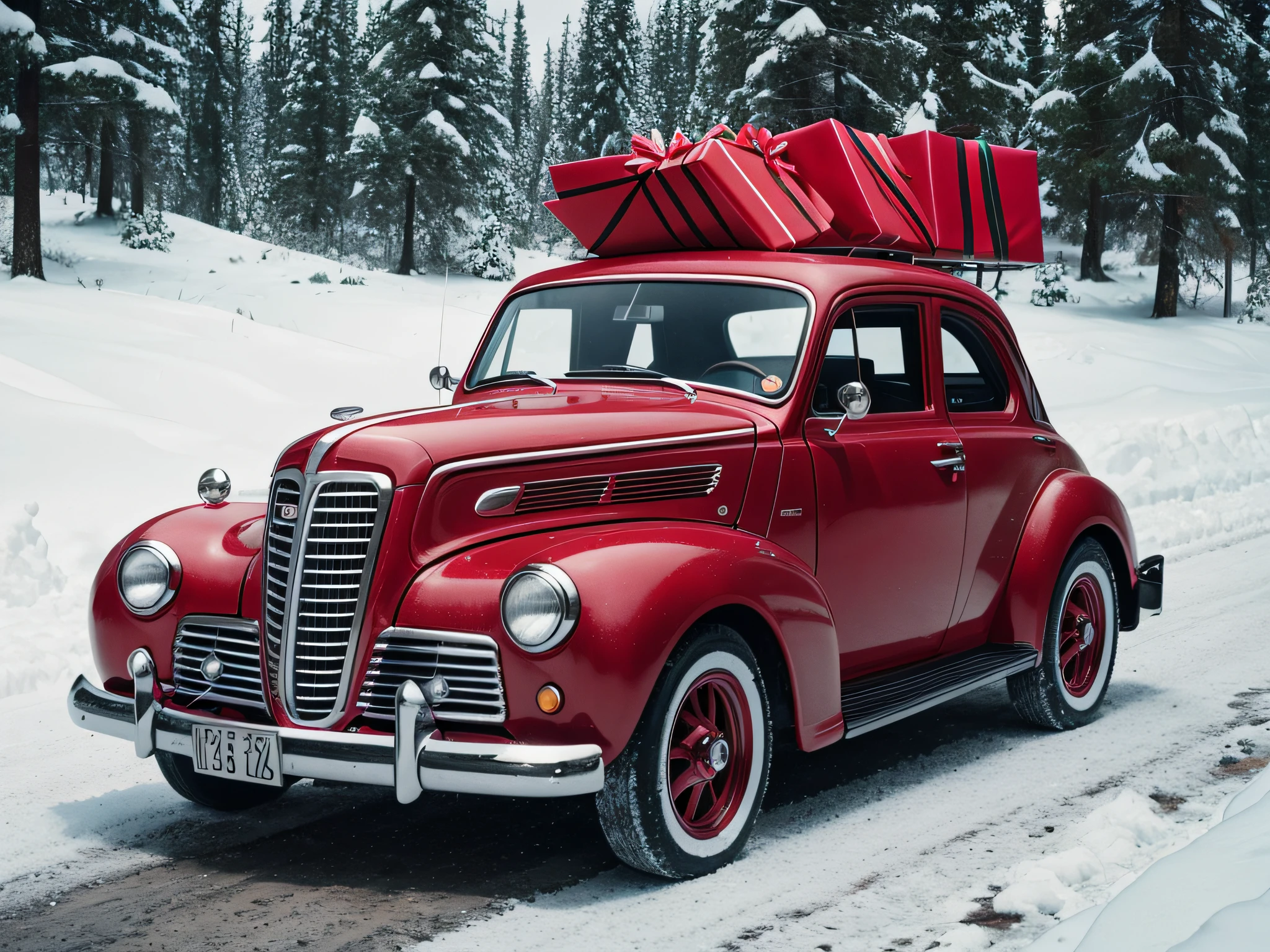 anta claus driving a red car with presents on the back, holiday season, ultra-detailed photography. In a snowy landscape12k, promo art, profile image, by Howard Lyon, 8 k, nostalgic 8k, avatar image, very high resolution, nikon d850, film stock photograph , 4 kodak portra 400, camera f1.6 lens ,rich colors, hyper realistic, lifelike texture, dramatic lighting, cinestill 800,