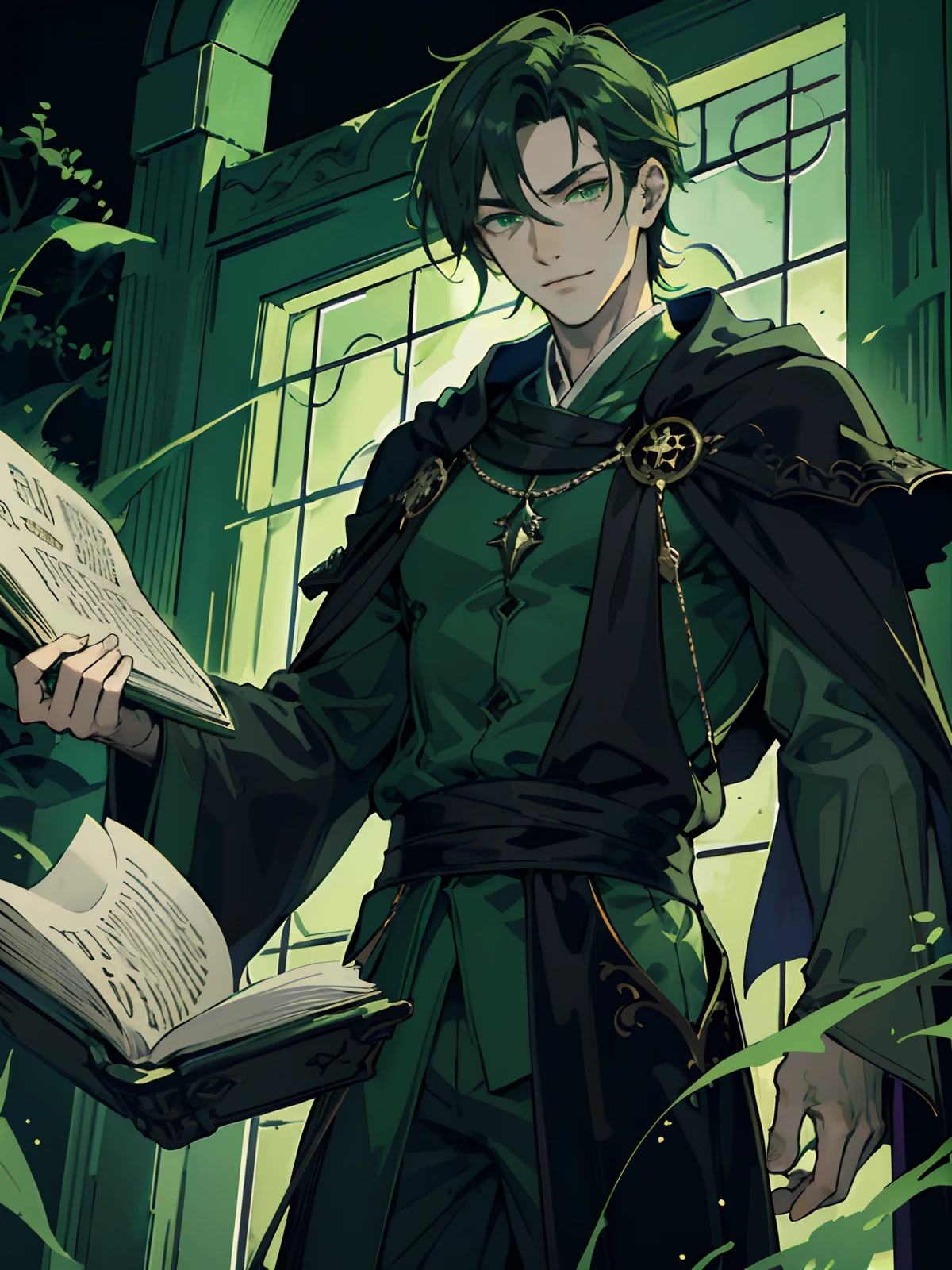 masterpiece, best quality, 1 male, teenager, lean figure, handsome, finely detailed green eyes, intricate details, Slight smirk on his face, villain, dark green robes, book with a variety of spells, mysterious green hue glowing around him, haunted creepy forest, 4k quality, medium length hair