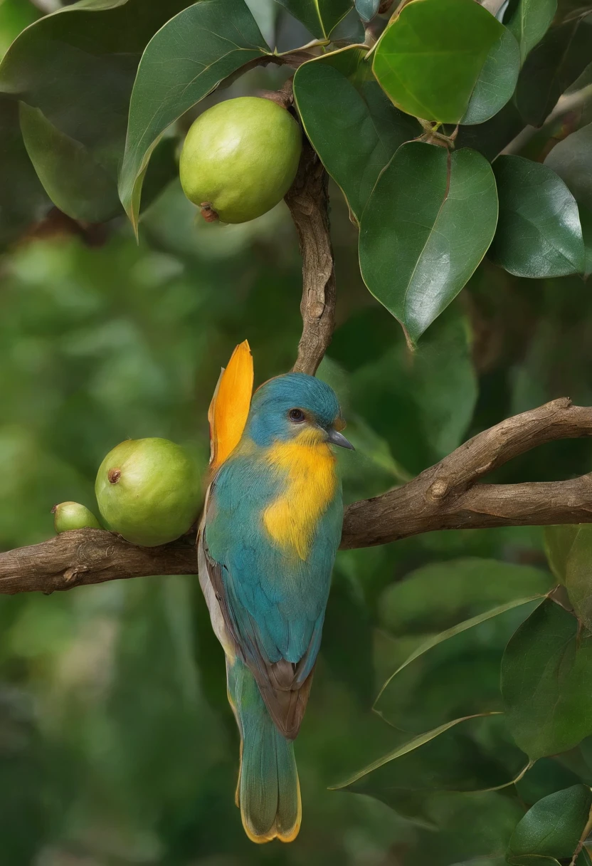 there is a bird that is sitting on a branch of a tree, uma foto de Daniel Lieske, pexels, Hurufiyya, folhagem crescida, leaves and stems of magnolia, folhagem verde, folhas verde-escuras, Magnolia large leaves and stems, folhagem exuberante, pequenas e densas vinhas intrincadas, Folhas retorcidas, folhagens e caules grandes, folhagem emaranhada