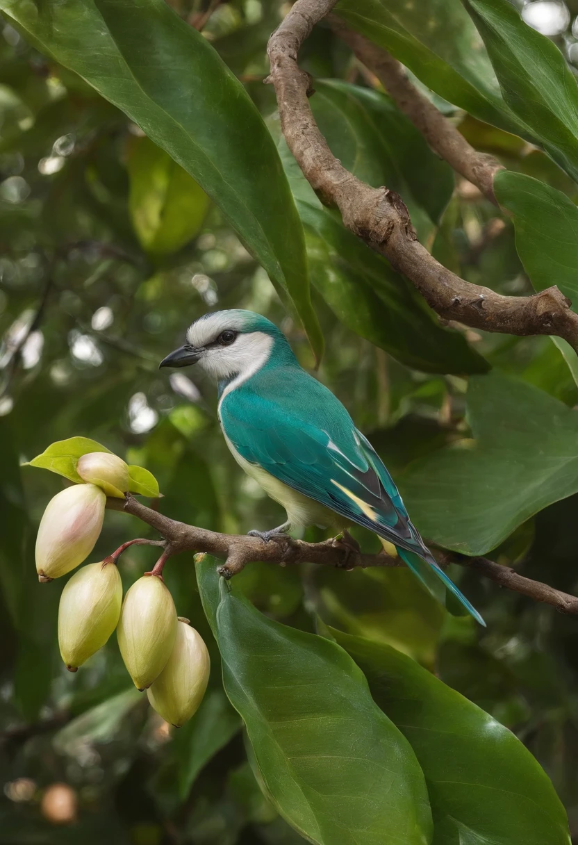 there is a bird that is sitting on a branch of a tree, uma foto de Daniel Lieske, pexels, Hurufiyya, folhagem crescida, leaves and stems of magnolia, folhagem verde, folhas verde-escuras, Magnolia large leaves and stems, folhagem exuberante, pequenas e densas vinhas intrincadas, Folhas retorcidas, folhagens e caules grandes, folhagem emaranhada