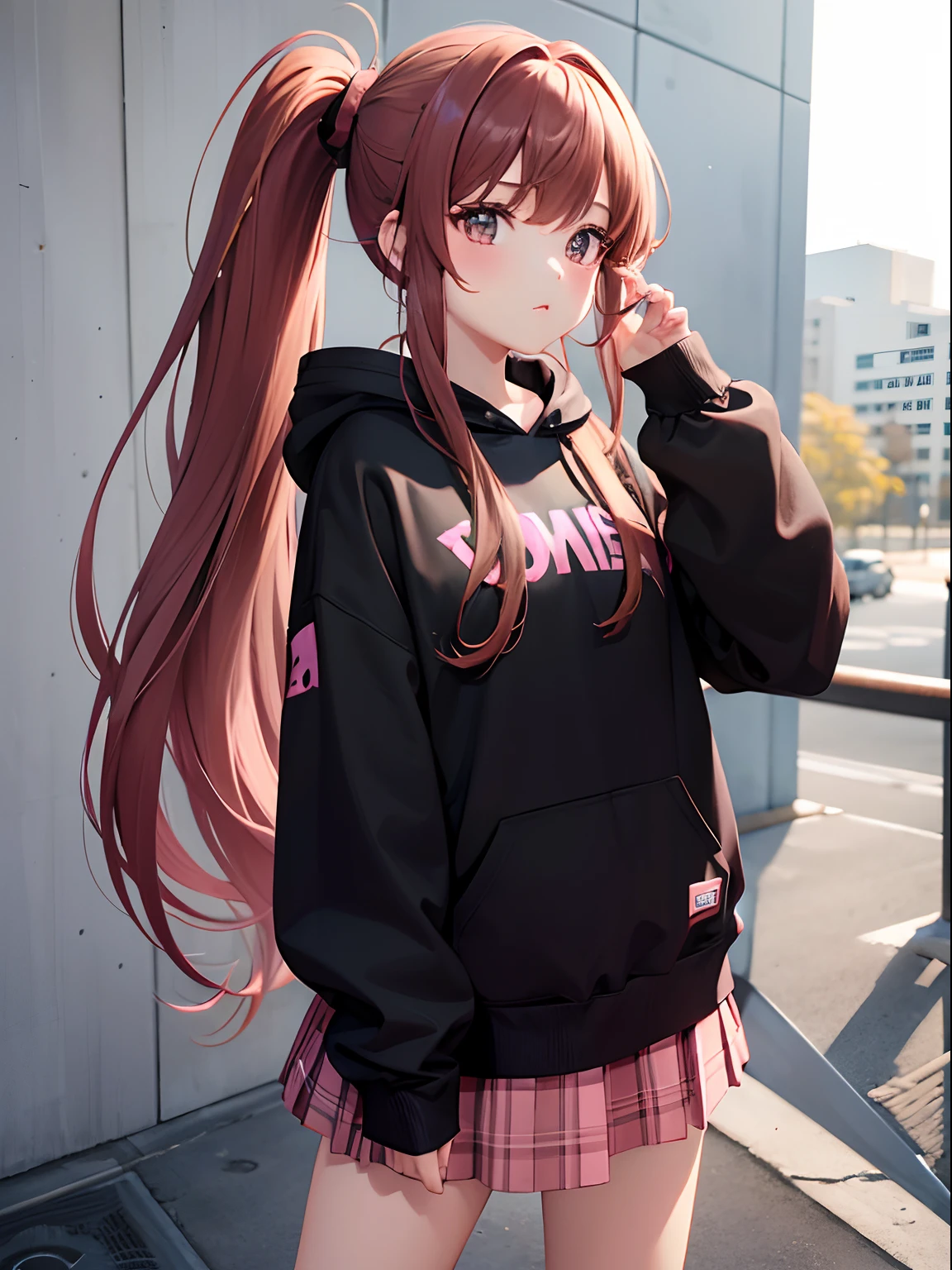 A  girl, Long brown hair, pony tail, pink tips on bangs, black hoodie,  checkered skirt