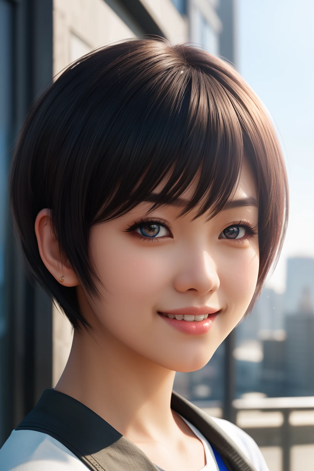 (best quality,high quality,ultra-realistic:1.2),2.5D Anime,vibrant colors,portrait,sharp focus,extremely detailed,intense lighting,female teenager,Asian,black eyes,smile,pixie cut,sunny day,intricate details,City background