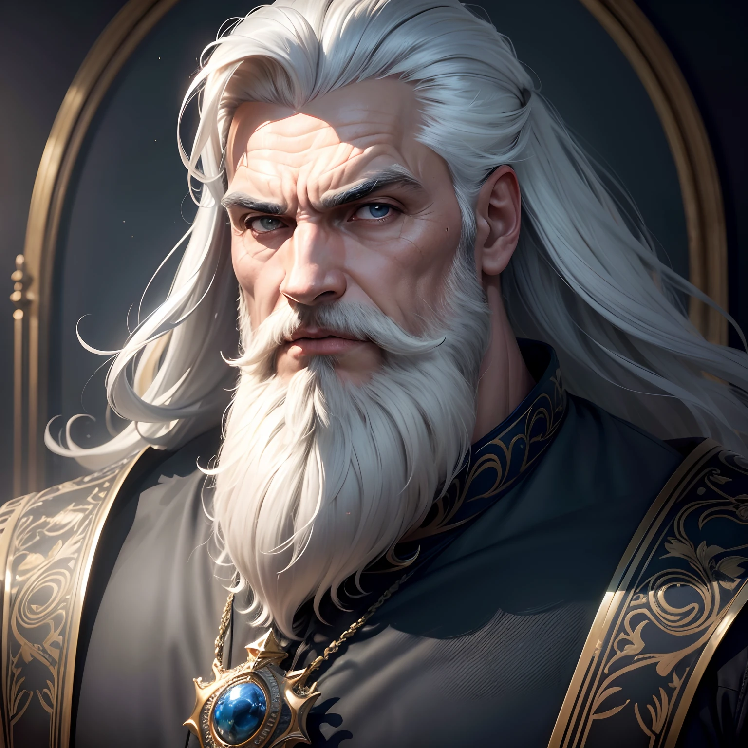 alta qualidade,corpo inteiro ultra-detalhado,(best quality,4k,8k,Altas,master part:1.2),Realistic,Physically-based rendering,(HDR,studio lighting),(vivid colors,foco nítido),(barba longa),(cabelos brancos),(muscular physique),olhar intenso,postura forte,Distinctive appearance,olhos profundos,bigode aparado,ombros largos,confident expression,olhos azuis penetrantes,Sobrancelhas bem cuidadas,sabedoria envelhecida,olhar determinado,semblante severo,defined cheekbones,restolho de prata,regal presence,Pincelada magistral,lindo contraste,subtle lighting,realismo expressivo,cores ousadas e vibrantes.