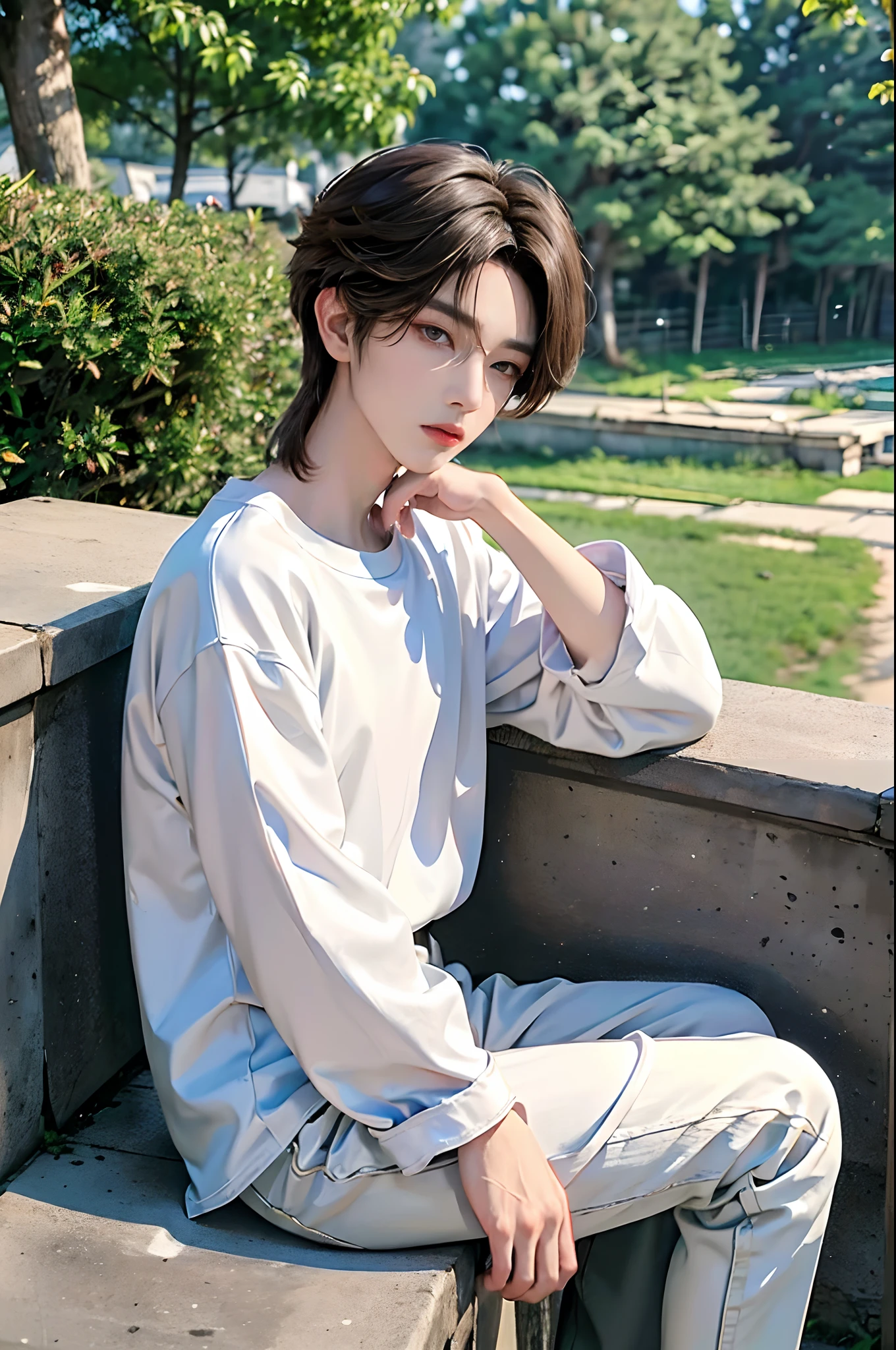 masterpiece、(top-quality)、((high-level image quality))、One Manly Boy、Slim body、((White Y-shirt and long black pants))、(Detailed beautiful eyes)、September Night Road、sitting on a curb、Face similar to Chaewon in Ruseraphim、((short hair above the ears))、((Smaller face))、((Neutral face))、((Light brown eyes))、((Korean boy))、((18year old))、((Handsome man))、((Wild look))、((Korean Makeup))、((elongated and sharp eyes))、((Sit next to the viewer))、((shot from a side angle))、((The upper part of the body))、((Close-range shooting))