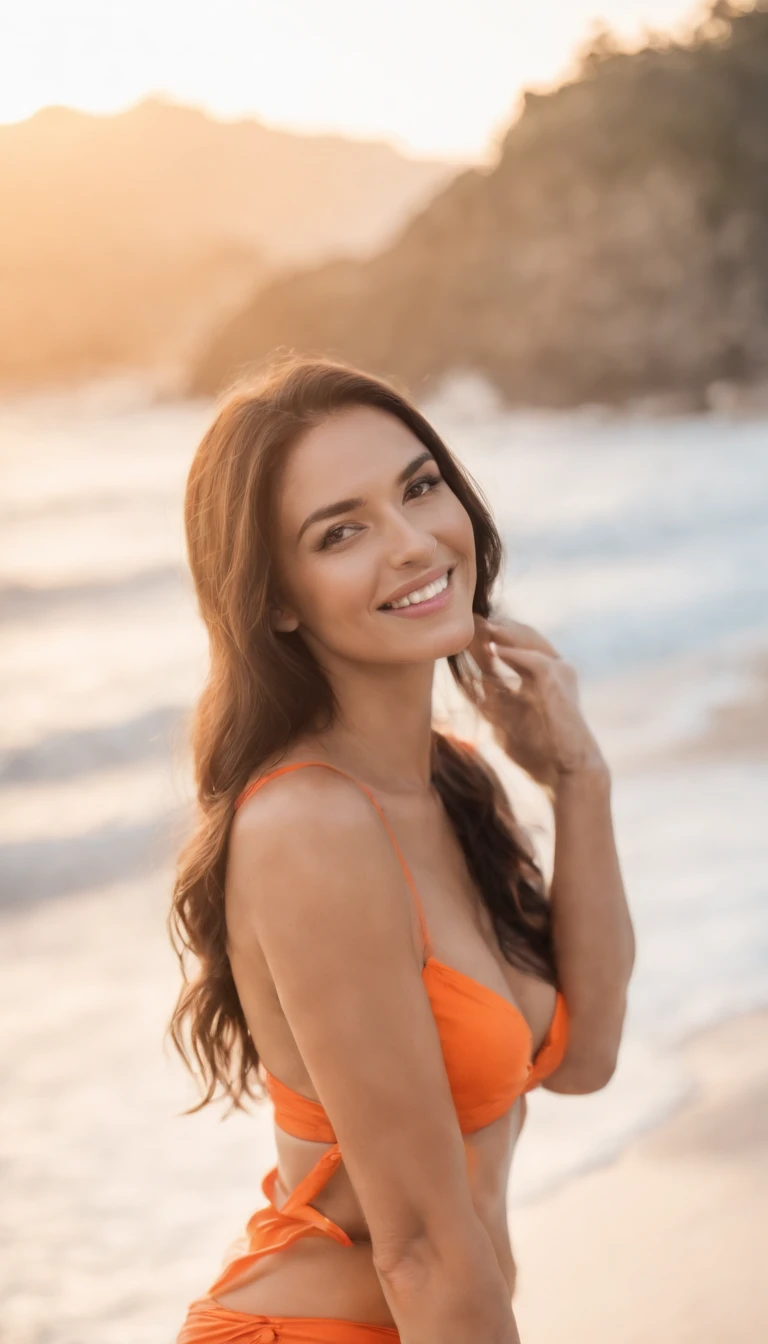 mulher arafede, mulher de vinte anos, muito bonita, sorriso lindo, cabelo preto, cabelo encaracolado, cabelo cumprido, corpo esculpido, alta qualidade, realista, alta qualidade, alto detalhe, with orange bikini, na praia