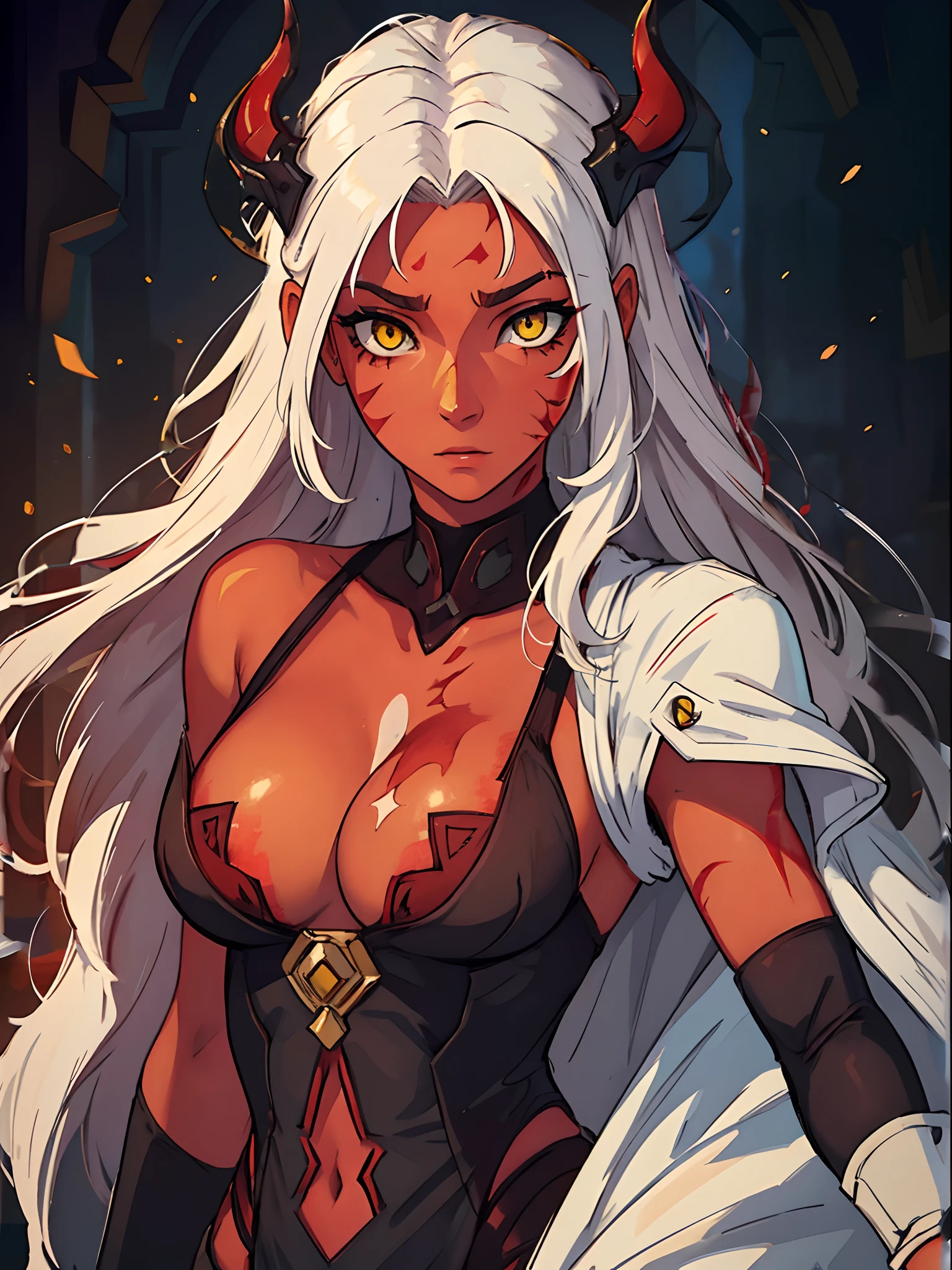 Add a deep tone of red in the skin, yellow eyes, add to her face scars, ((perfect eyes)), best quality