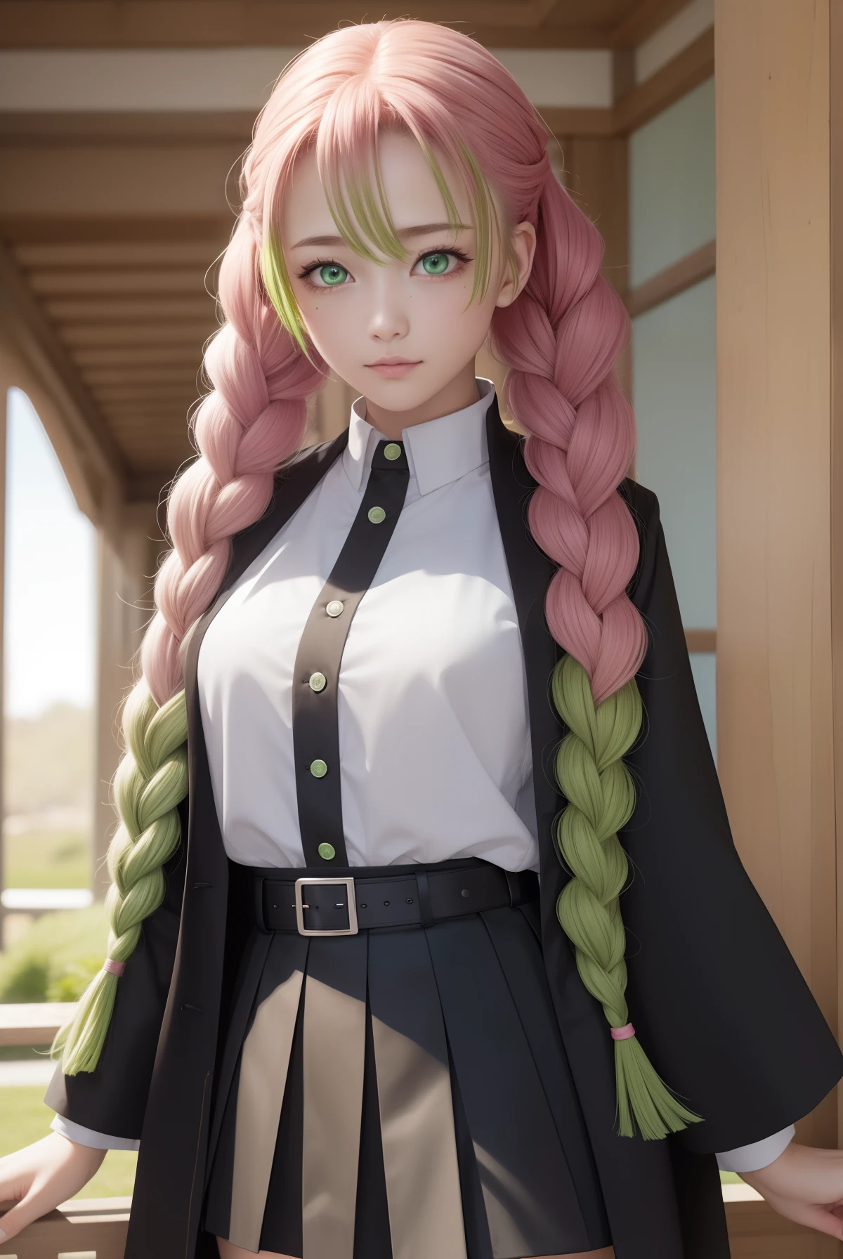 mitsurikanroji, mitsuri kanroji, braid, gradient hair, (green eyes:1.5), green hair, long hair, mole,  mole under eye, multicolored hair, pink hair, twin braids, two-tone hair,
BREAK belt, black skirt, coat, demon slayer uniform, haori, japanese clothes, long sleeves, miniskirt,  partially buttoned, pleated skirt, skirt, uniform,
BREAK looking at viewer,
BREAK indoors,
BREAK (masterpiece:1.2), best quality, high resolution, unity 8k wallpaper, (illustration:0.8), (beautiful detailed eyes:1.6), extremely detailed face, perfect lighting, extremely detailed CG, (perfect hands, perfect anatomy), white_top