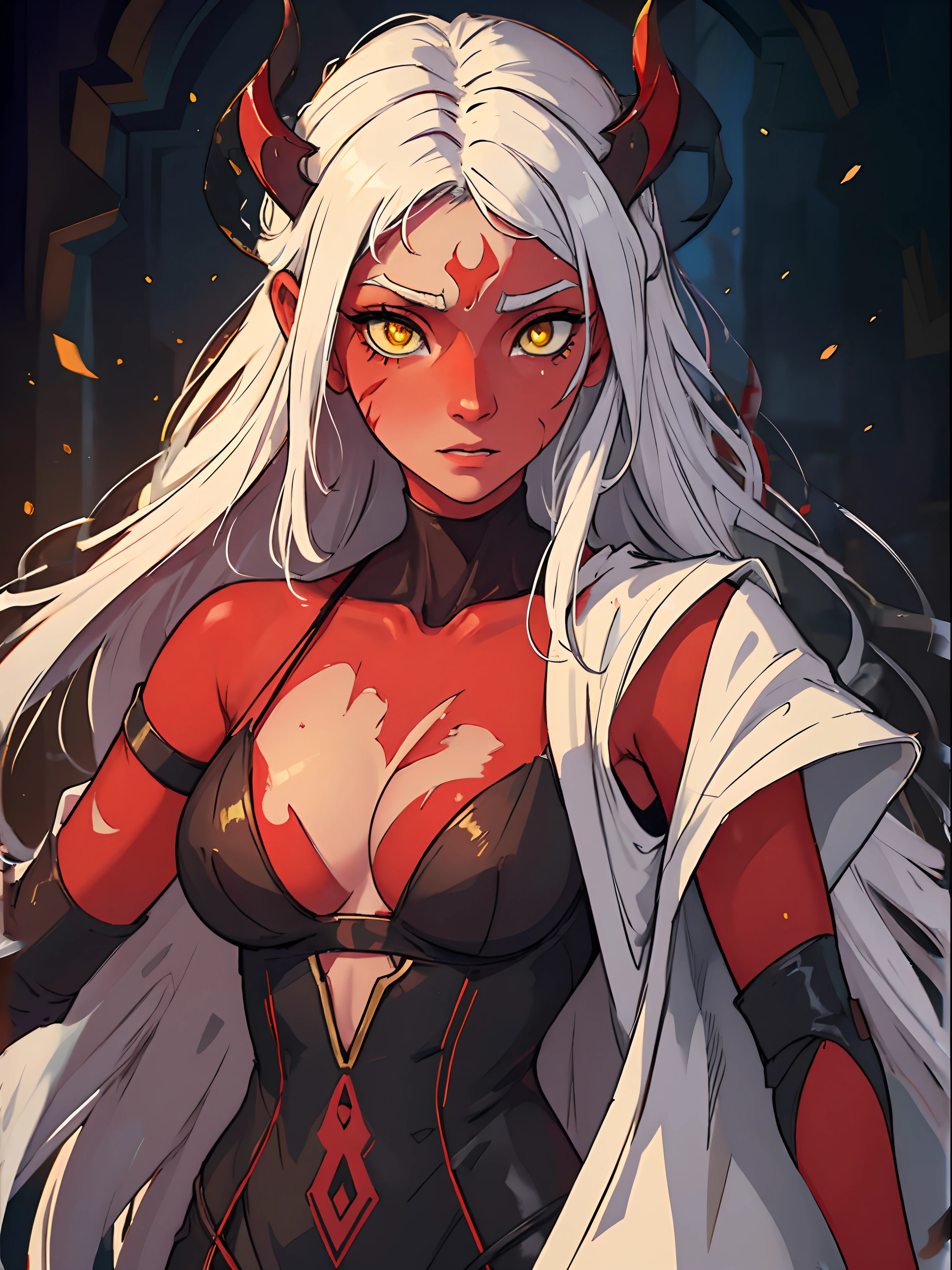 Add a deep tone of red in the skin, yellow eyes, add to her face scars, ((perfect eyes)), best quality