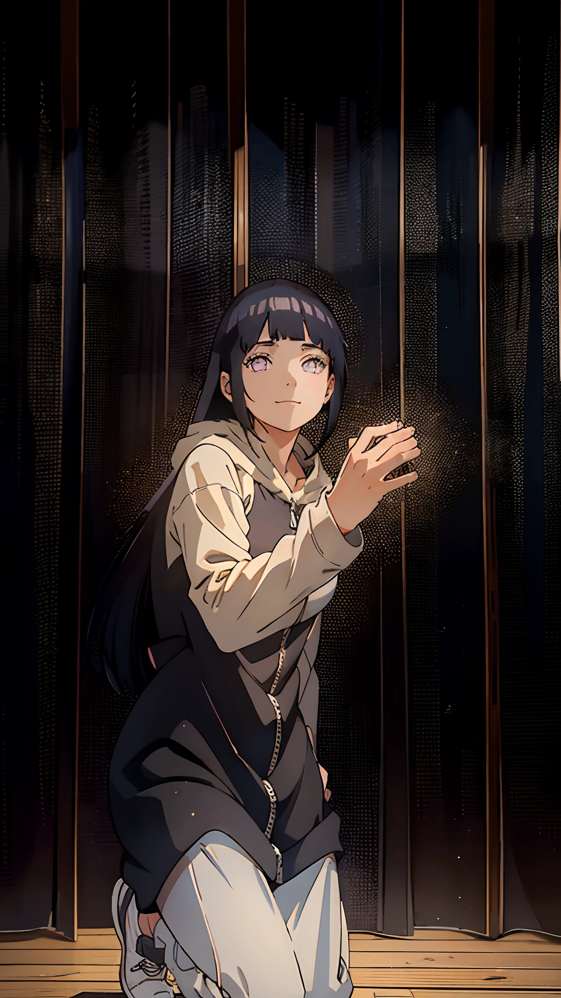 Hinata Hyuga/Girl/shipuden/bangs, oversized clothes, hoodie, bright eyes with abundant eyelashes///, bright skin, Masterpiece, 8k, 4k. FullHD. Detailed, big eyes/perfect and detailed/ 8k long dark hair/ fitted jumpsuit to the body black color // harmony //big breasts///I want the color of the clothes he is wearing to be dark/// smile cute// thin arms /small and delicate woman's hands //girl///pale skin/ hoddie clothe///woman's arms///long sleeve t-shirt ///smiling pretty///defined details in eyes///face///body///masterpiece in image////8k//FULLHD/curtain behind/capture movements of the reference ///masterpiece/ background equal to the reference image//wooden floor//White shoes//