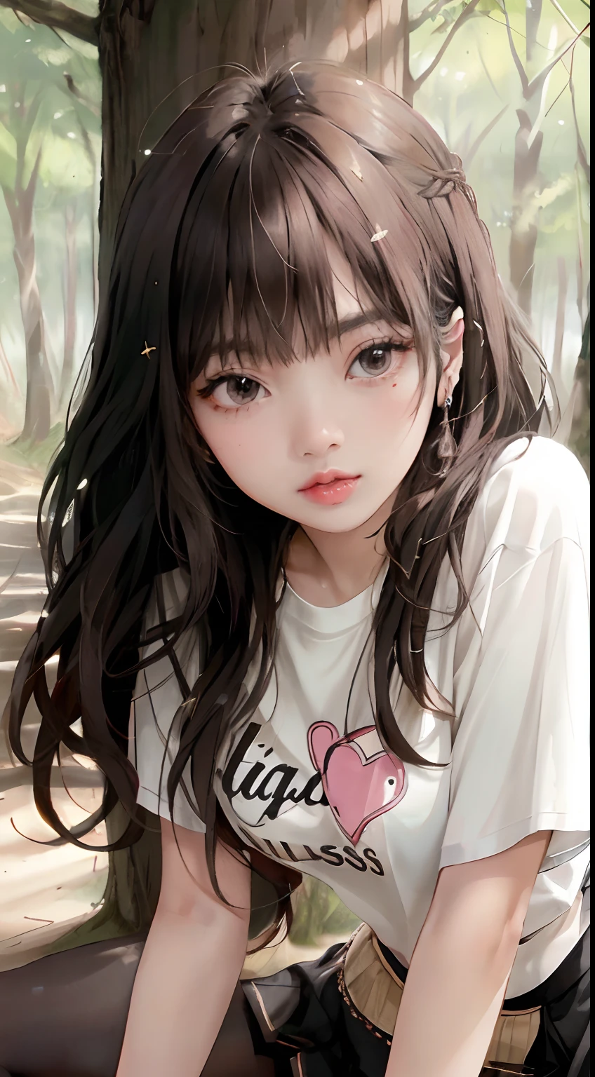 ((Lisa from Blackpink)), t-shirt, tiny pleated skirt, exposed_pink_panties, black pantyhose to the waist, high heels, close-up from thighs to face, very light skin, very long hair, wavy hair, camp, forest, photorealistic, indirect lighting, volumetric light, ray tracing, hyperdetailed, best quality, high resolution, HDR, 8k