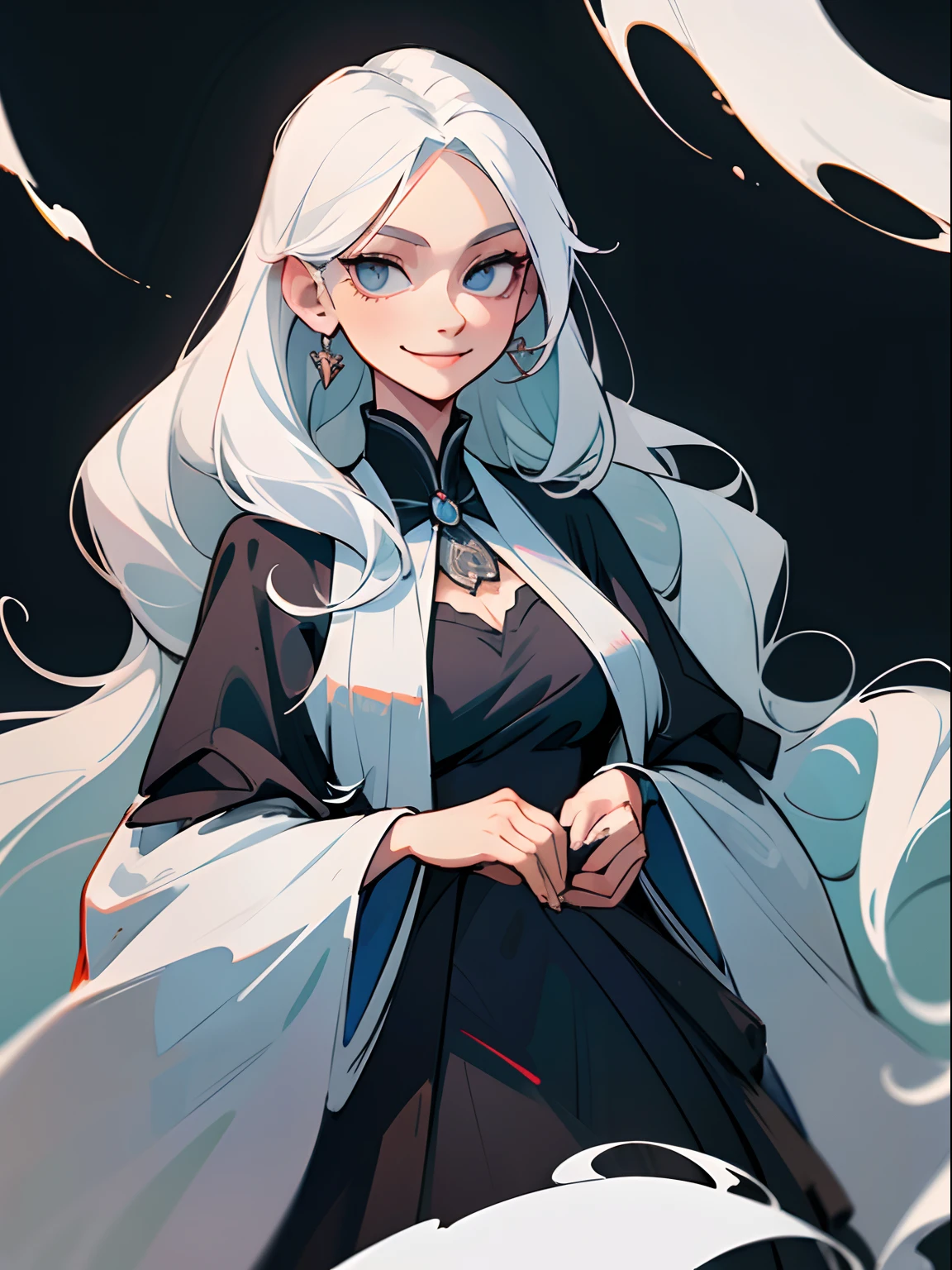 anime woman, young woman, ((solo)), ((1 lady)), long white hair, black dress, fancy simple dress, white haired lady, grinning lasciviously, perfect young woman, well-behaved clothes, gentle face, wearing aristocrat robe, gentle smile, ((high quality)), ((very detailed)), big chest