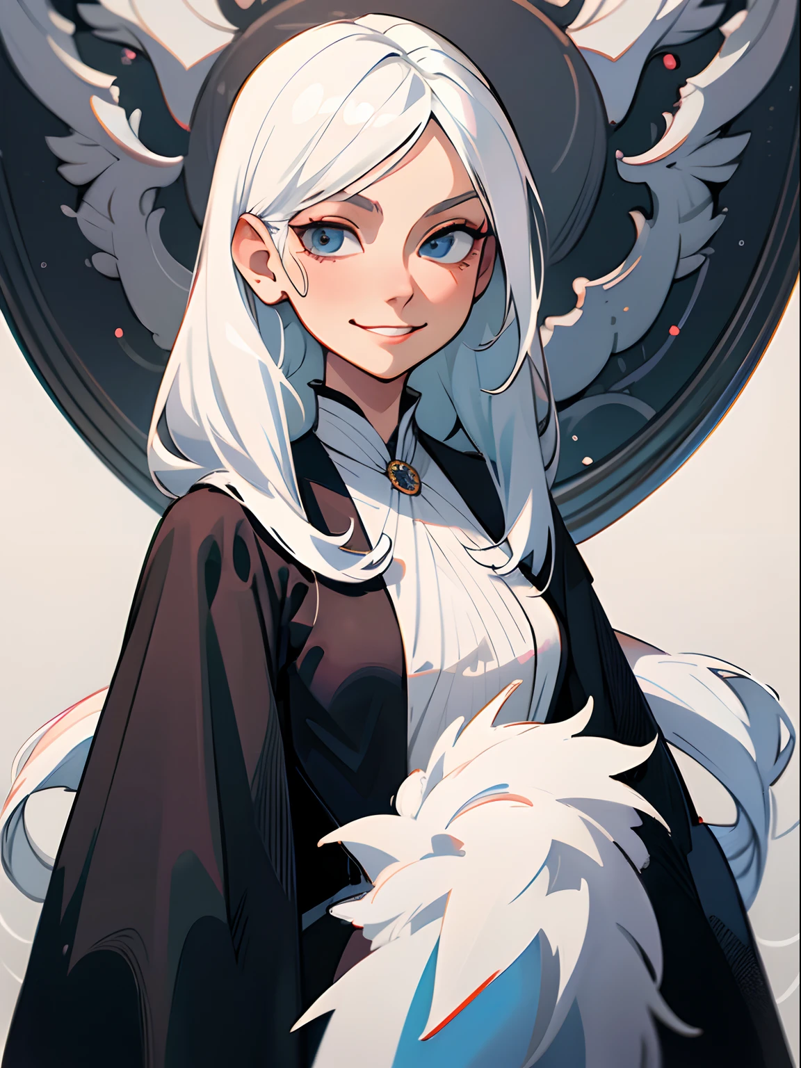 anime woman, young woman, ((solo)), ((1 lady)), long white hair, black dress, fancy simple dress, white haired lady, grinning lasciviously, perfect young woman, well-behaved clothes, gentle face, wearing aristocrat robe, gentle smile, ((high quality)), ((very detailed)), big chest
