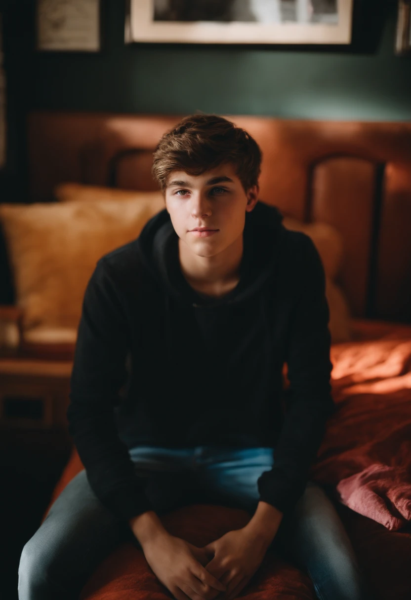 portrait, 50mm lens, a boy, clear skin, bedroom