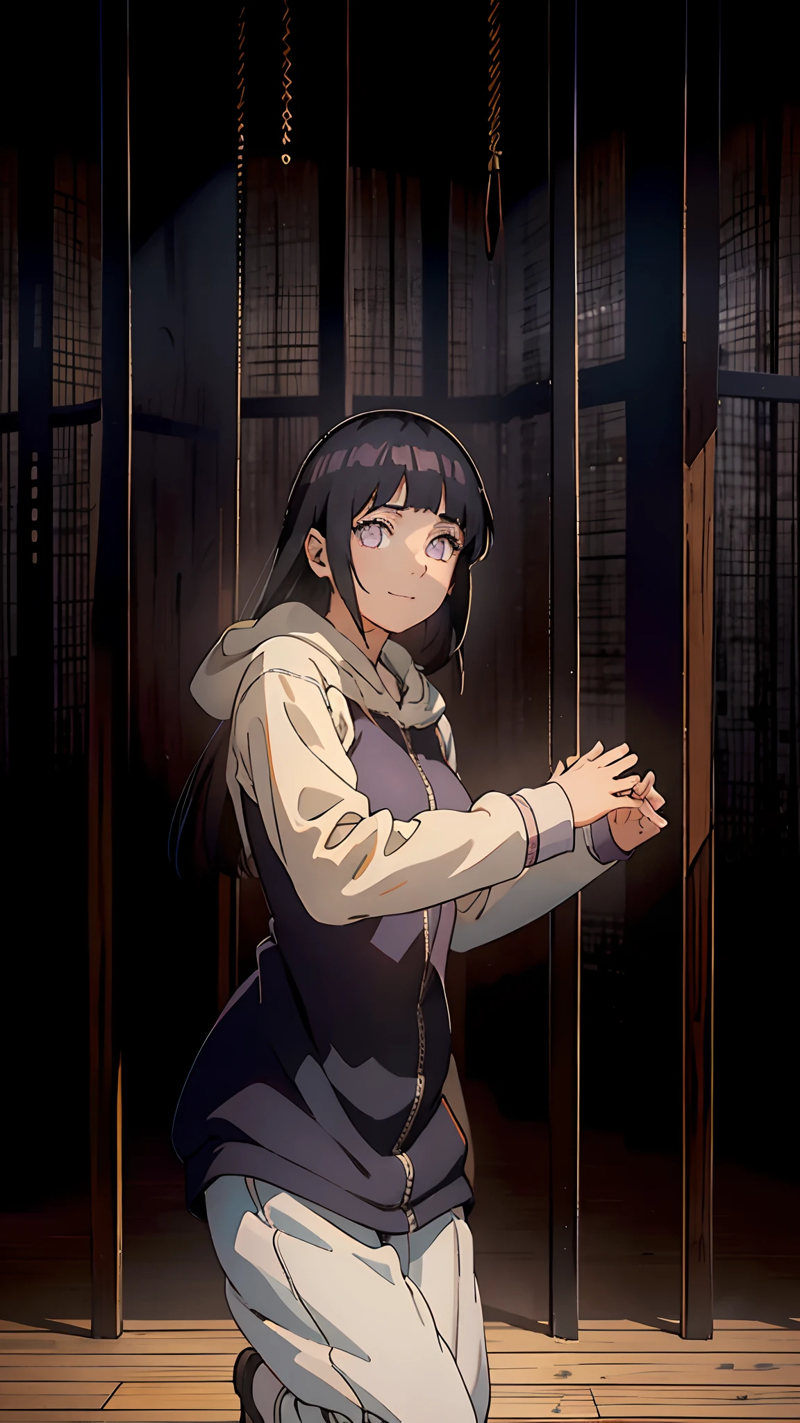 Hinata Hyuga/Girl/shipuden/bangs, oversized clothes, hoodie, bright eyes with abundant eyelashes///, bright skin, Masterpiece, 8k, 4k. FullHD. Detailed, big eyes/perfect and detailed/ 8k long dark hair/ fitted jumpsuit to the body black color // harmony //big breasts///I want the color of the clothes he is wearing to be dark/// smile cute// thin arms /small and delicate woman's hands //girl///pale skin/ hoddie clothe///woman's arms///long sleeve t-shirt ///smiling pretty///defined details in eyes///face///body///masterpiece in image////8k//FULLHD/curtain behind/capture movements of the reference ///masterpiece/ background equal to the reference image//wooden floor//White shoes//