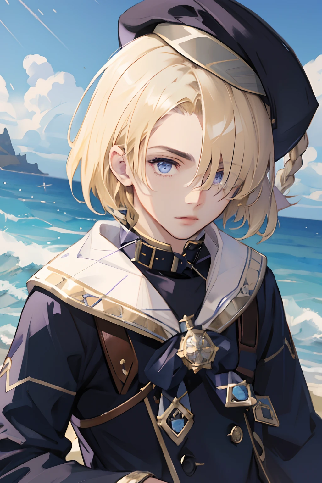 freminet, 1boy, solo, hair over one eye, short hair, blonde hair, purple eyes, blue eyes, sailor collar, black jacket, big white cuffs, black beret, blue details, on the shore of the ocean