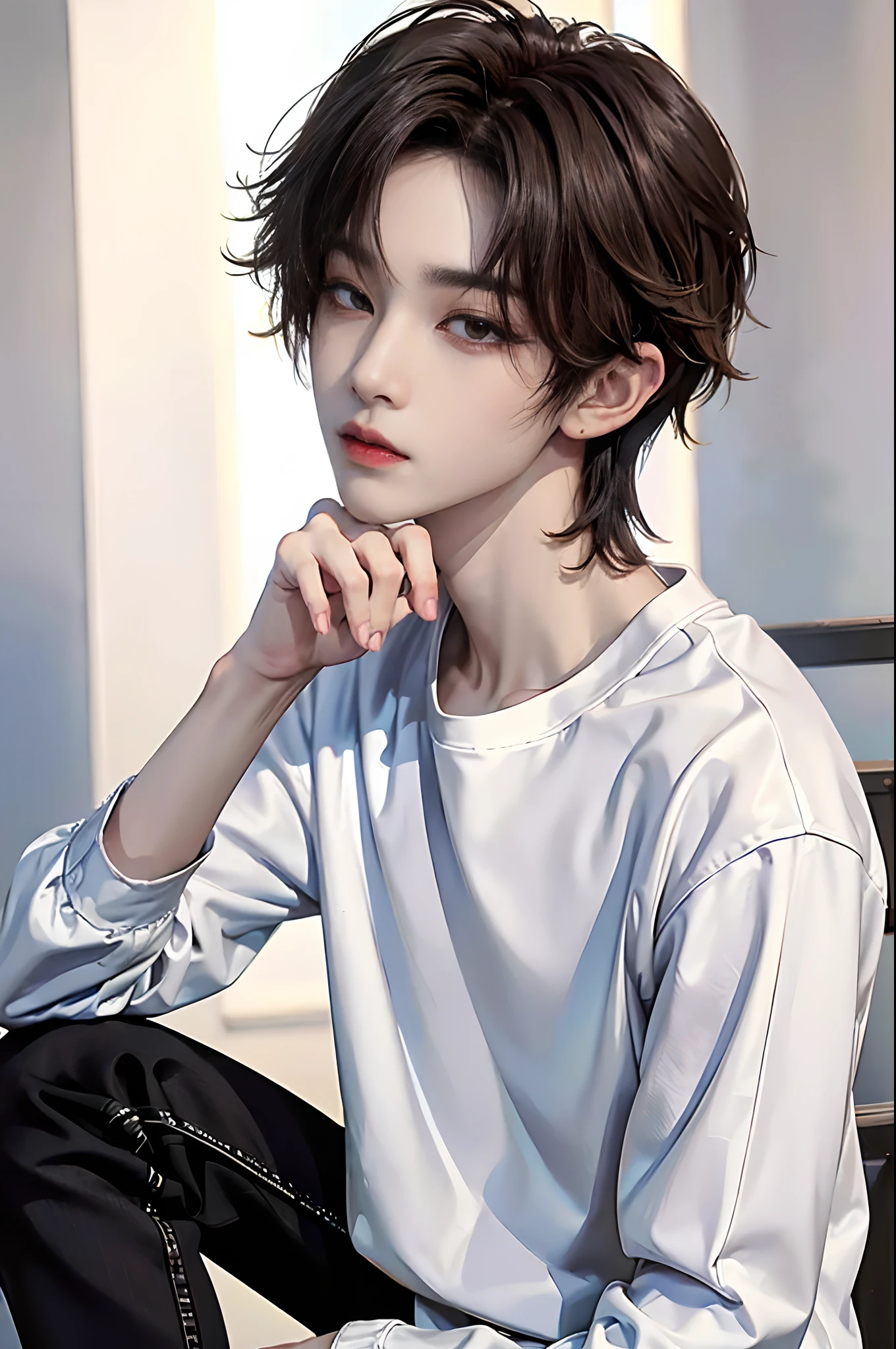 masterpiece、(top-quality)、((high-level image quality))、One Manly Boy、Slim body、((White Y-shirt and long black pants))、(Detailed beautiful eyes)、September Night Road、sitting on a curb、Face similar to Chaewon in Ruseraphim、((short hair above the ears))、((Smaller face))、((Neutral face))、((Light brown eyes))、((Korean boy))、((18year old))、((Handsome man))、((Wild look))、((Korean Makeup))、((elongated and sharp eyes))、((Sit next to the viewer))、((shot from a side angle))、((The upper part of the body))、((Close-range shooting))