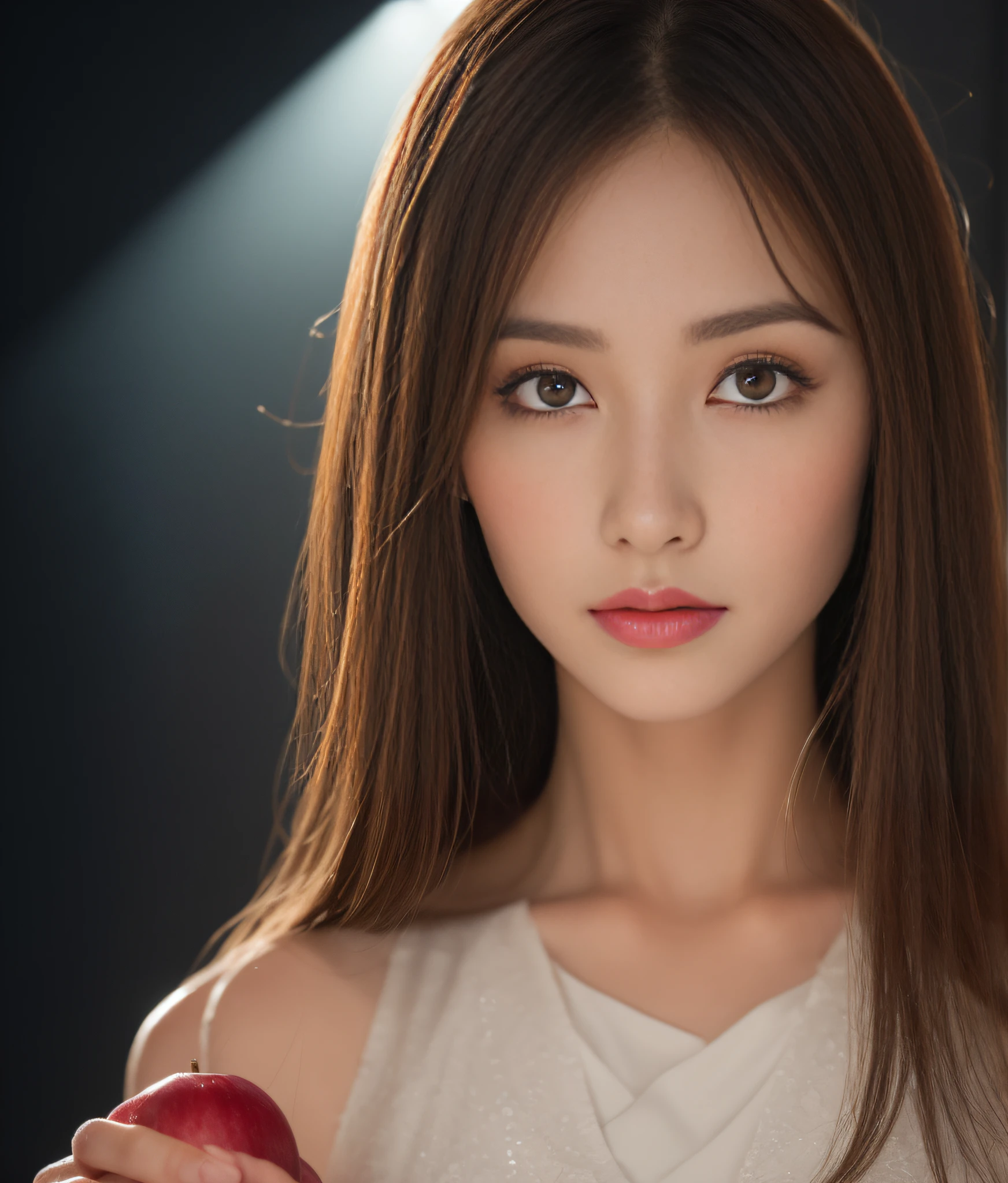 ((Best Quality, 8K, Masterpiece: 1.2, Realistic)), Full body: 1.1, Studio light: 1.1, Slender abs: 1.2, ((Long layered dark brown hair: 1.2, Medium Breasts: 1.2)), (Snow white makeup, Snow white dress: 1.1, Standing random model pose: 1.1, Holding an apple: 1.2), (Indoor, Studio flash, Photo studio background: 1.1, Soft dark lights: 1.1, Soft white lights: 1.2), Highly detailed face and skin texture, detailed eyes, double eyelids, long shots