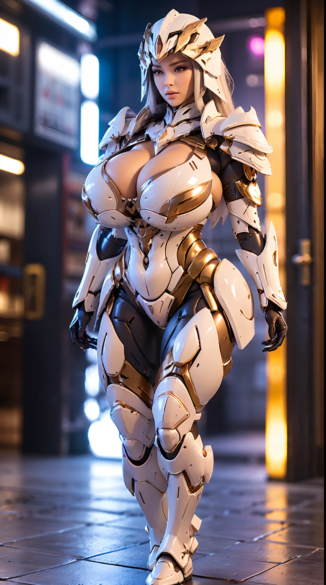 A WOMAN, BEAUTIFULL FACE, HUGE BOOBS, WHITE, GOLD, BLACK, (MECHA ARMOR FULL GEAR), (CLEAVAGE), (FULL BODY:1), TRANSPARANT, (SEXY TALL LEGS:1), STANDING, VOLUPTUOUS, (SEXY BODY:1), (MUSCLE ABS:1).