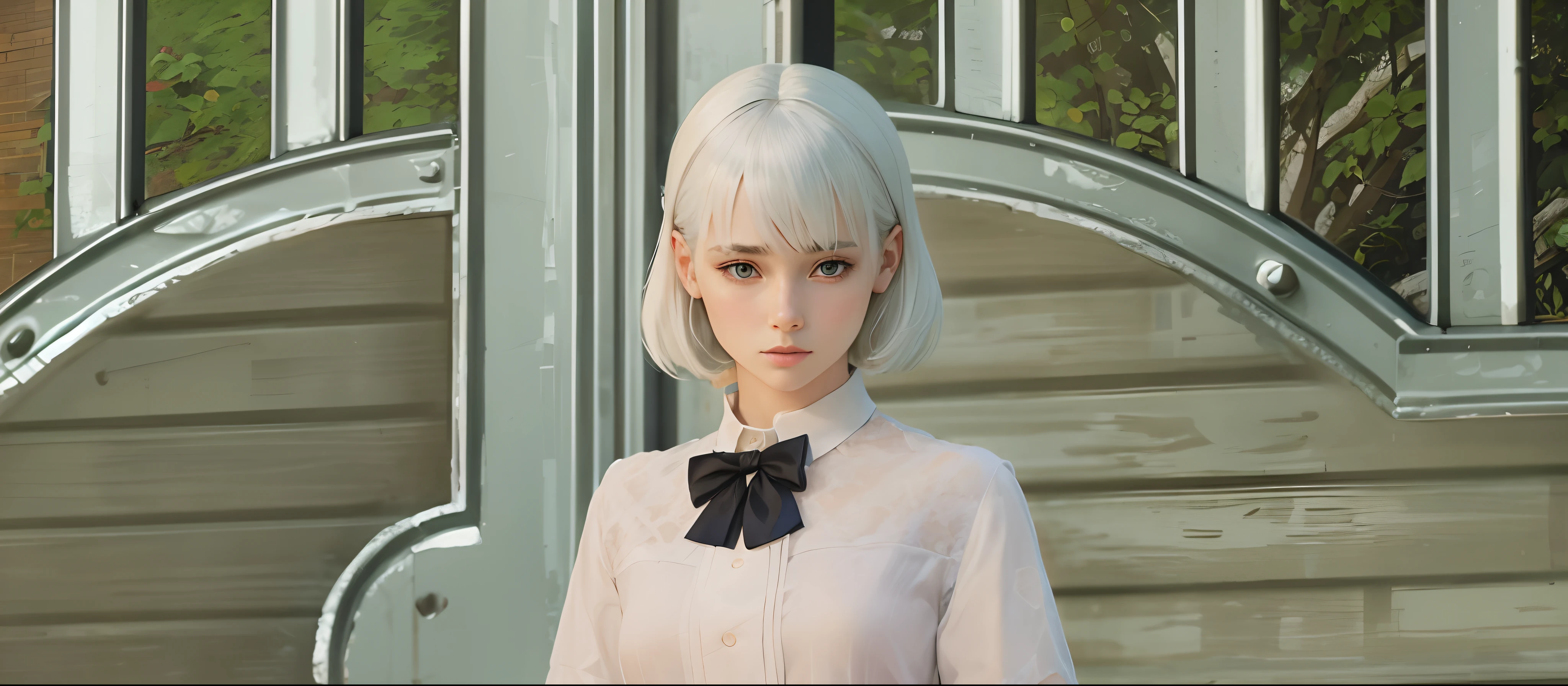 1 girls,Short hair ,White hair , realistic ,70mm