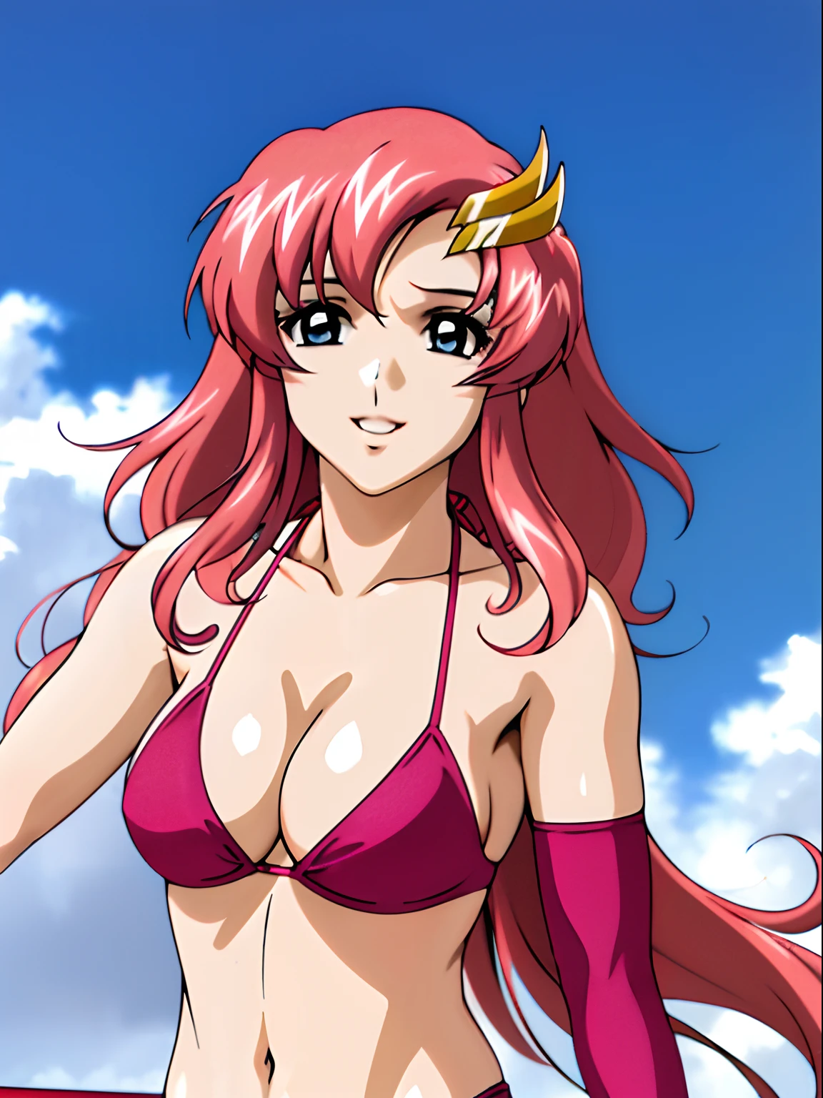 (masterpiece, upper body view, 4K, Best Quality, Anime style: 1.9, , tall, Adult Woman, ultra detailed face, (cloud background, wrestling), Drawing lines, high resolution, Anime, lacus4), 1girl, Solo, curvy figure, Long hair, 鎖骨, scapular, (Detailed wide hair bangs, Hair Ornament, Detailed reddish-pink hair), cleavage, large hands, (female wrestler). (Big blue eyes, shiny eyes), ((closed fists, broad shoulders)), ((perfect proportions, medium breasts, long belly)), (((bikini, pink wrestling gear))), happy, smile, stretching, armpit