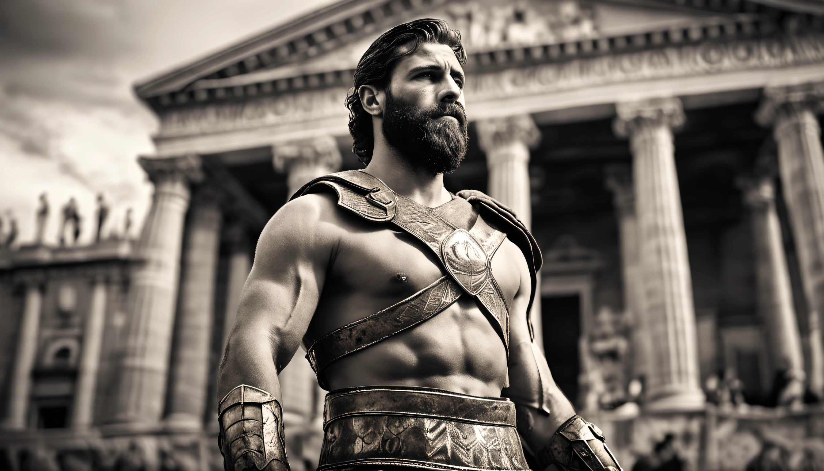 Blurry black and white epic digital painting of a powerful Stoic Roman warrior in the foreground looking determined forward in heroic pose. Ele tem longos cabelos castanhos cacheados, thick beard and wears muscular chest armor on display. In the background we see a Lepidus view of ancient Rome with classical buildings, aquedutos e o Coliseu. The sepia tone brings an air of nostalgia and drama to the scene. O leve desfoque adiciona profundidade e foca no guerreiro estoico determinado e imponente em primeiro plano."