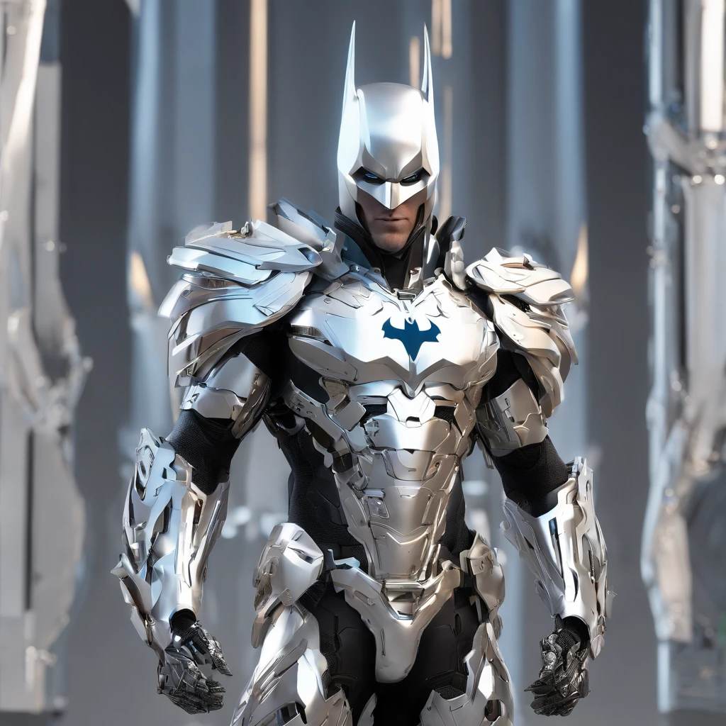 batman in armor with a sword and a cape on his shoulders, intricate assassin mecha armor, elegant smooth silver armor, sleek smooth white plated armor, silver cyber armor, gold and silver armour suit, shiny silver metal armor, arasaka mech, white plated armor, god king of ai art, silver and gold heavy armor, shiny metal armor, white metallic armor
