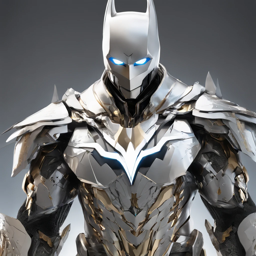 batman in armor with a sword and a cape on his shoulders, intricate assassin mecha armor, elegant smooth silver armor, sleek smooth white plated armor, silver cyber armor, gold and silver armour suit, shiny silver metal armor, arasaka mech, white plated armor, god king of ai art, silver and gold heavy armor, shiny metal armor, white metallic armor