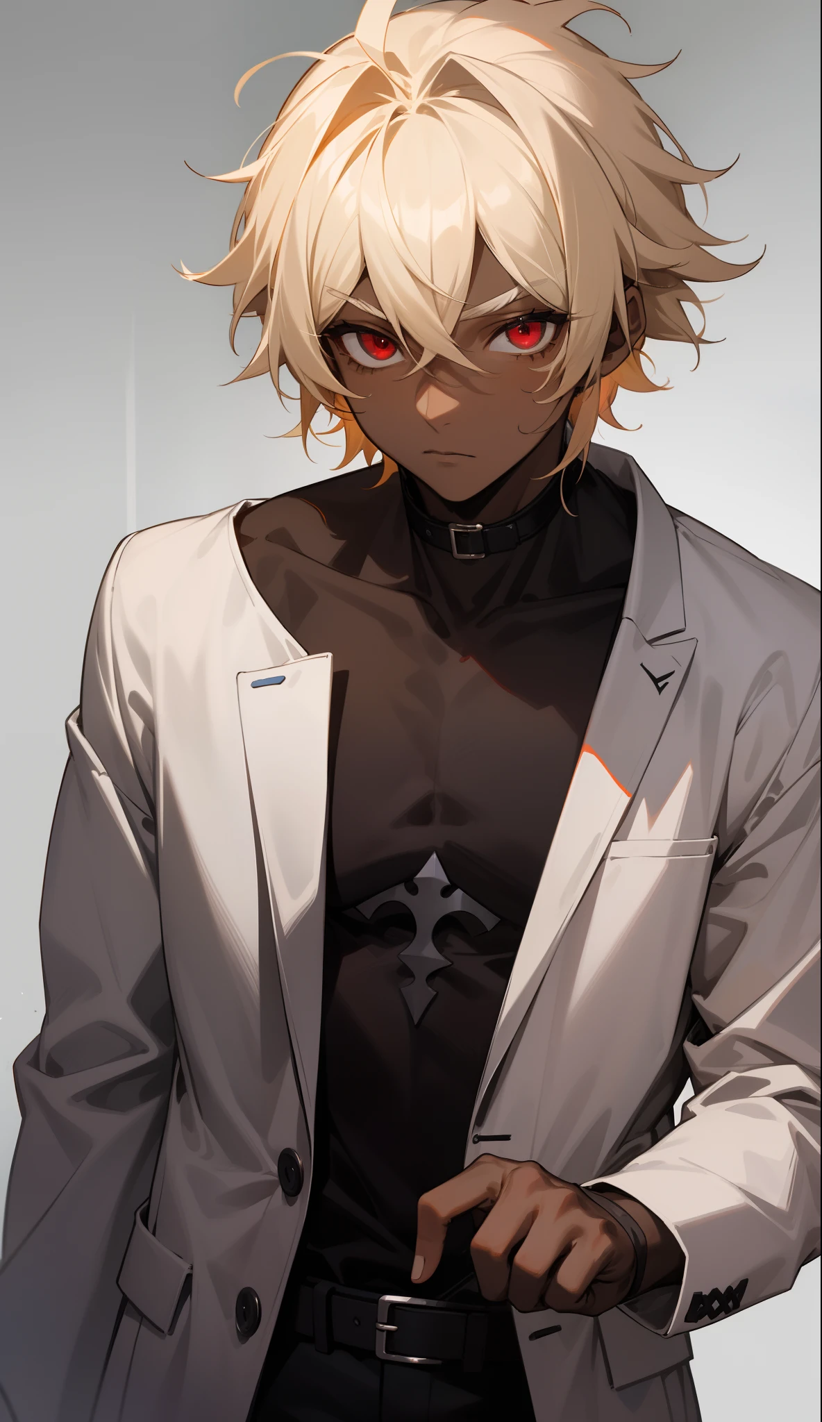 1boy, dark-skinned male, pale blonde hair, blonde eyebrows, hair between eyes, red eyes, messy hair, streetwear style, gothic, accessories