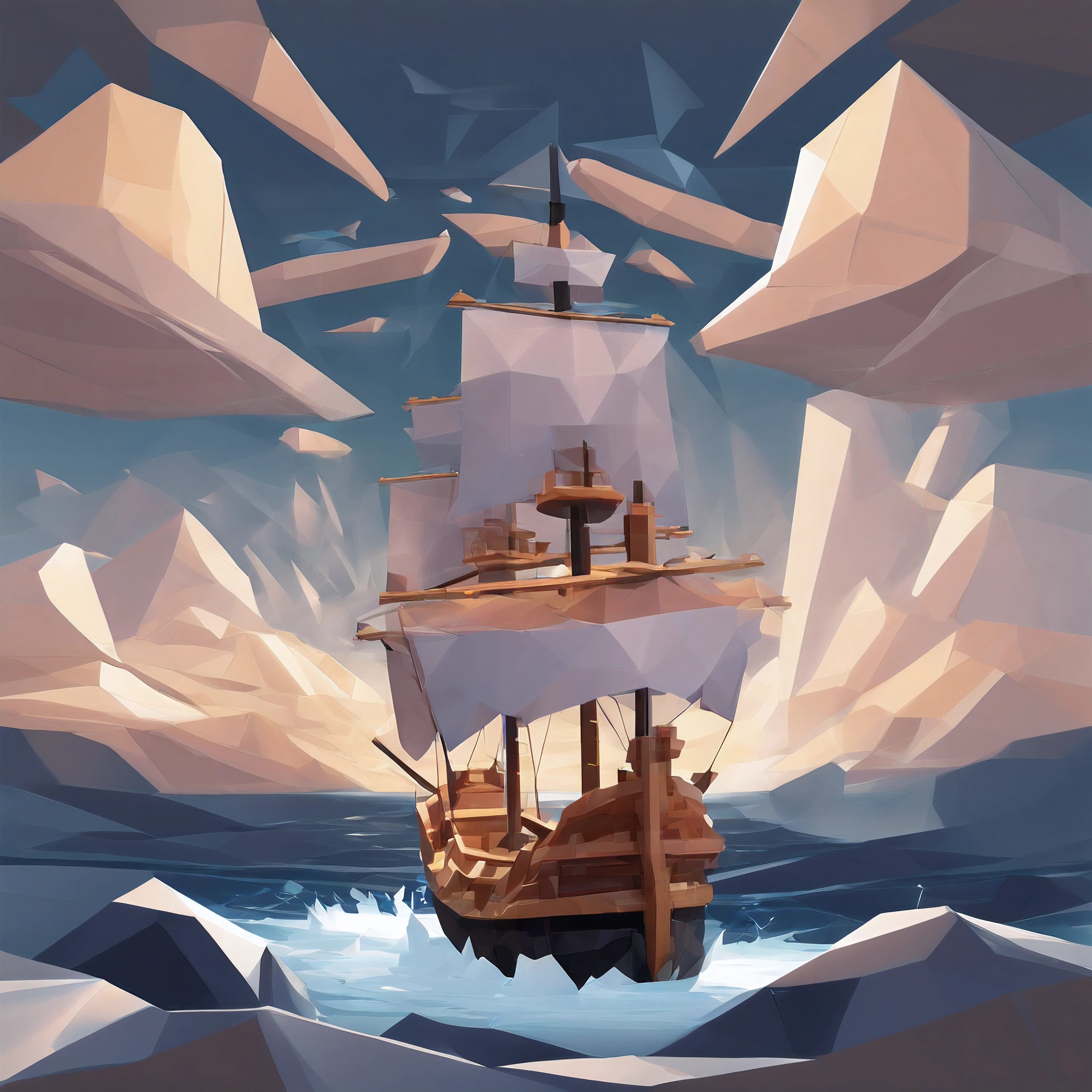 Craft artwork that illustrates divine intervention in the storm and how it affects the ship. High quality 4k, low-poly style