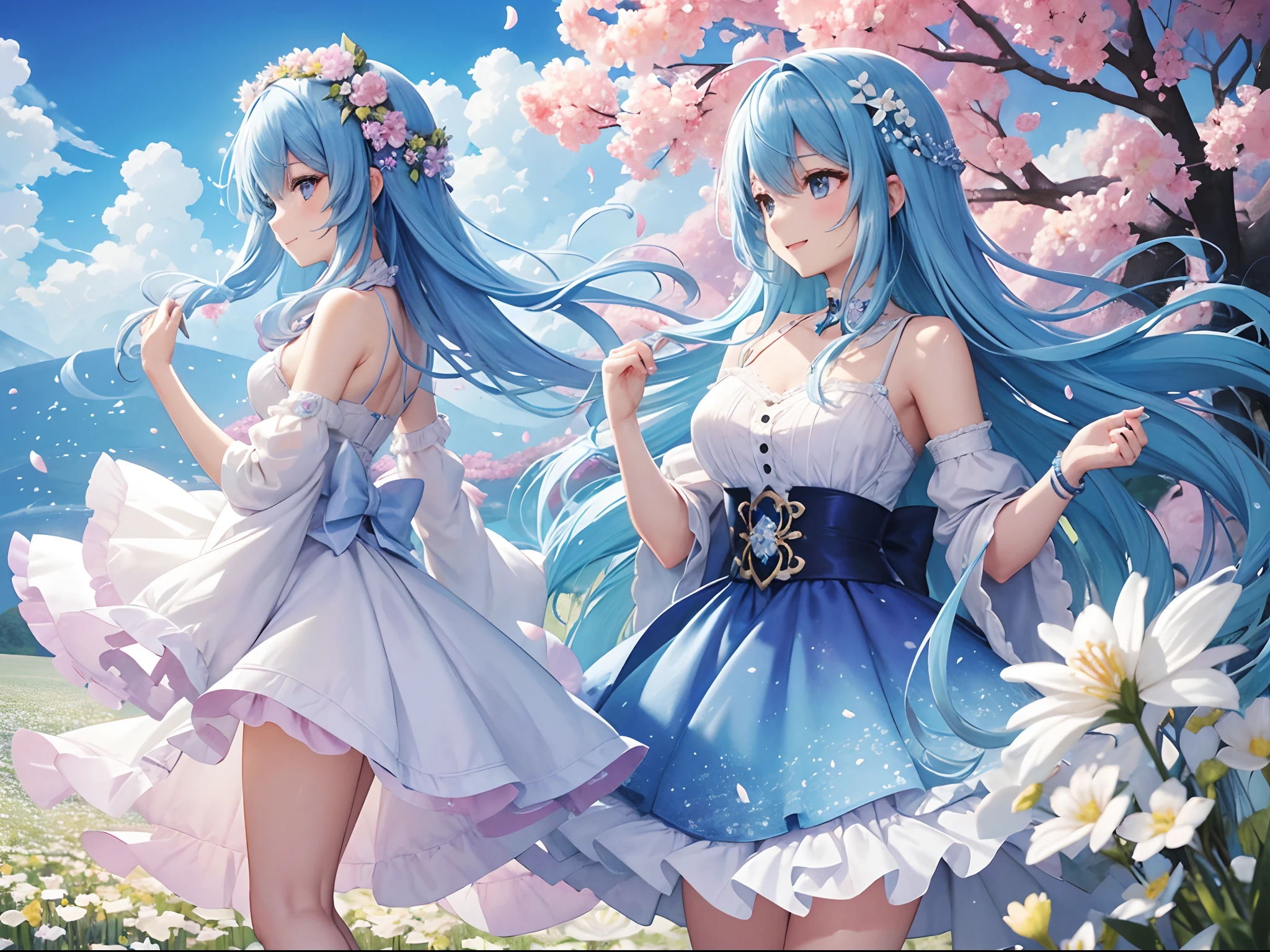 (hight resolution、ultra-detailliert、nffsw、movie)、独奏、1girl in、Happiness、girl standing in a flower field、Girl around the petals、A charming smile、full body Esbian、Long-haired girl with blue hair、lightblue hair、facing front、Fantasia、Official art、pop-art、profile、hyperdetailed face、ultradetailed eyes、flower gardens、Ultra Detailed Fields、White blue sky、 shuicolor、blanche、Nebulae in the sky、watercolor paiting、PastelColors