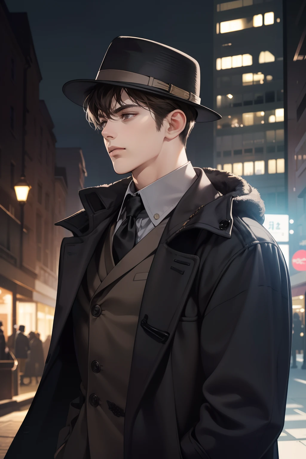 masterpiece, best quality, realistic, 1man, mature male, quiet and charming young man, 25 years old, close his eyes, serious look, extremely detailed face, ((dark grey eyes)), ((short-right-swept dark brown hair)), [thick eyebrows], detective, int the city, ((Dressed in a classic overcoat and fedora hat)), cold cinematic lighting, looking at the audience, posture dynamics,