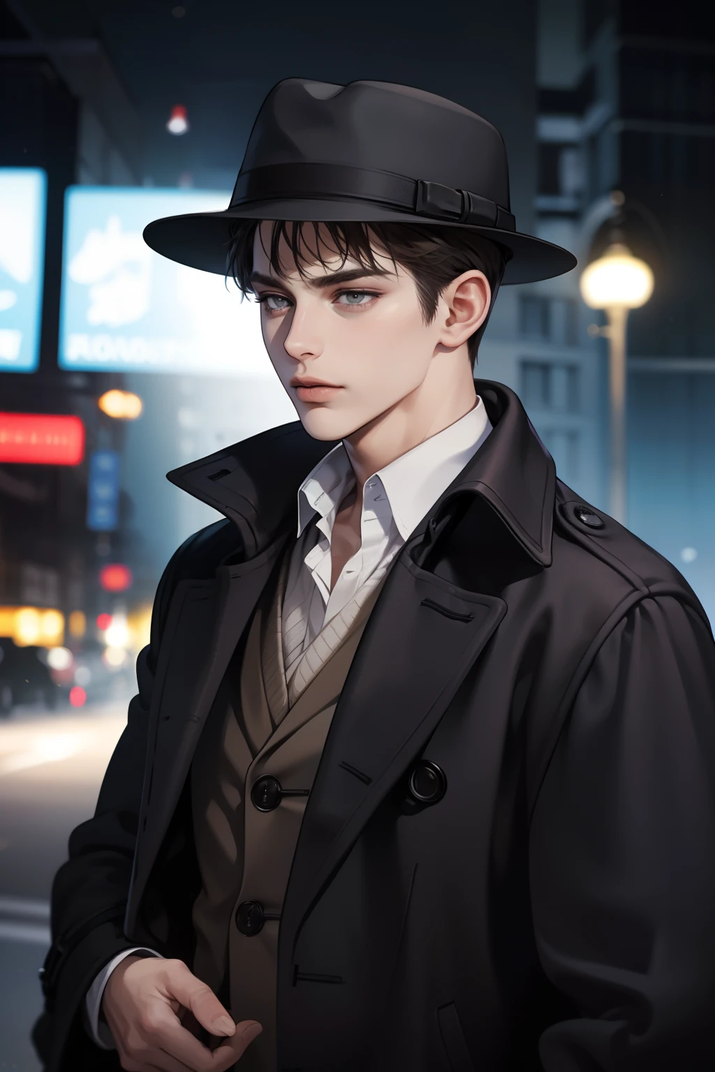 masterpiece, best quality, realistic, 1man, mature male, quiet and charming young man, 25 years old, close his eyes, serious look, extremely detailed face, ((dark grey eyes)), ((short-right-swept dark brown hair)), [thick eyebrows], detective, int the city, ((Dressed in a classic overcoat and fedora hat)), cold cinematic lighting, looking at the audience, posture dynamics,
