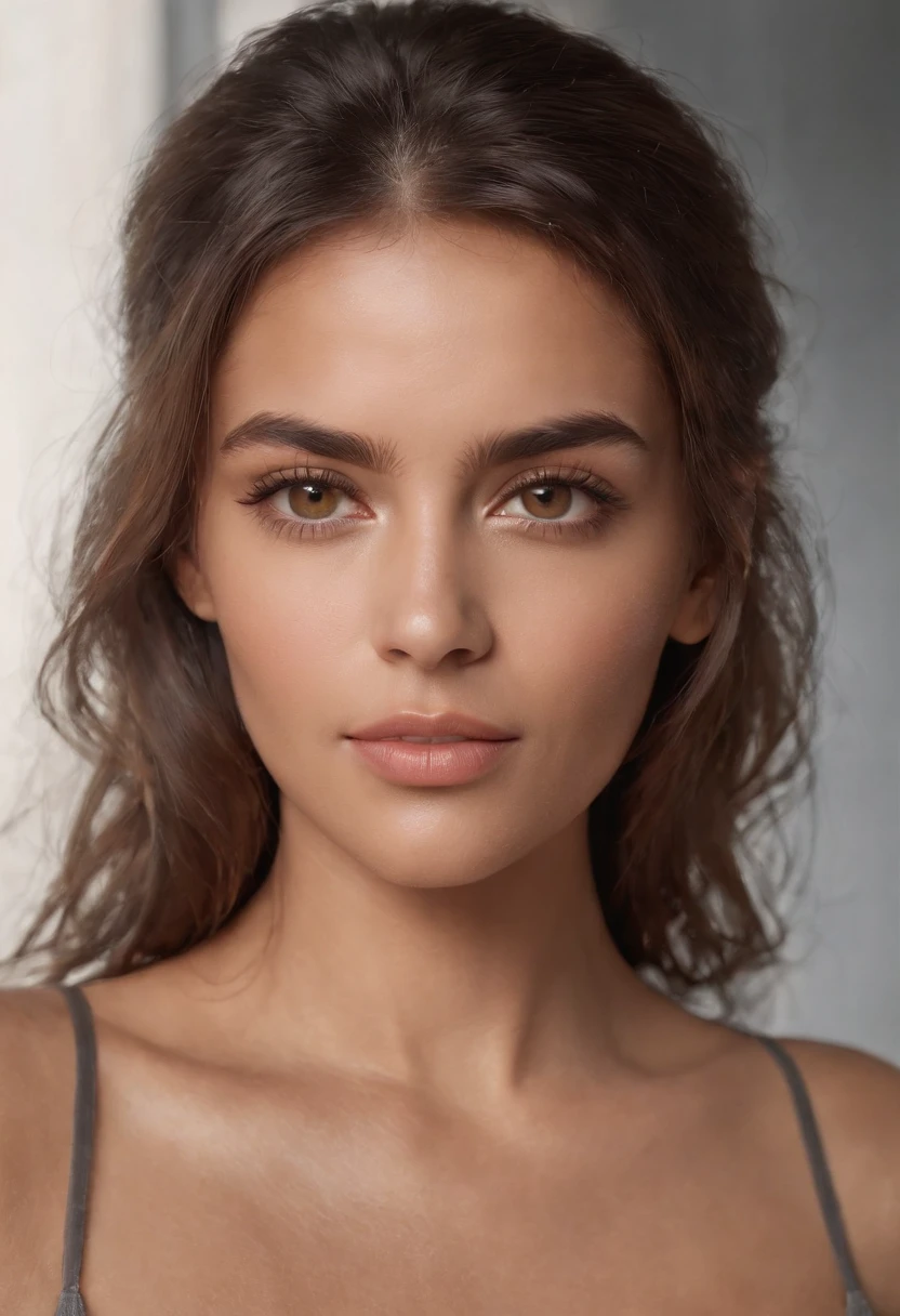 A photorealistic portrait of a insanelybeautiful tanned Brazilian woman with light make-up, extremely detailed light honey eyes, detailed symmetric realistic face, extremely detailed natural texture, peach fuzz, messy windy hair, masterpiece, absurdres, award winning photo by Francesco Scavullo, nikon d850 film stock photograph, kodak portra 400 camera f1.6 lens, extremely detailed, amazing, fine detail, rich colors, hyper realistic lifelike texture, dramatic lighting, unrealengine, trending on artstation, cinestill 800 tungsten, looking at the viewer, photo realistic, RAW photo, TanvirTamim, high quality, highres, sharp focus, extremely detailed, cinematic lighting, 8k uhd