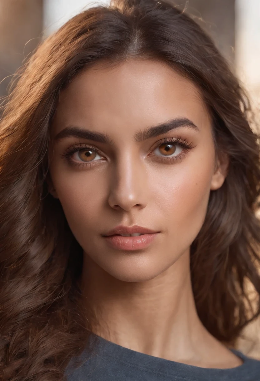 A photorealistic portrait of a insanelybeautiful tanned Brazilian woman with light make-up, extremely detailed light honey eyes, detailed symmetric realistic face, extremely detailed natural texture, peach fuzz, messy windy hair, masterpiece, absurdres, award winning photo by Francesco Scavullo, nikon d850 film stock photograph, kodak portra 400 camera f1.6 lens, extremely detailed, amazing, fine detail, rich colors, hyper realistic lifelike texture, dramatic lighting, unrealengine, trending on artstation, cinestill 800 tungsten, looking at the viewer, photo realistic, RAW photo, TanvirTamim, high quality, highres, sharp focus, extremely detailed, cinematic lighting, 8k uhd
