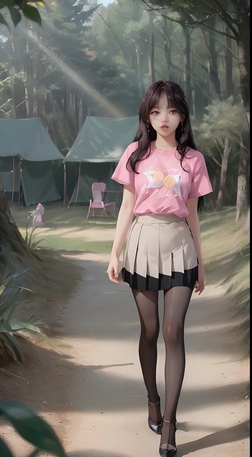 ((Lisa from Blackpink)), very tall girl, t-shirt, tiny pleated skirt, exposed_pink_panties, black pantyhose to the waist, high heels, very light skin, very long hair, wavy hair, camp, forest, photorealistic, indirect lighting , volumetric light, ray tracing, hyperdetailed, best quality, high resolution, HDR, 8k