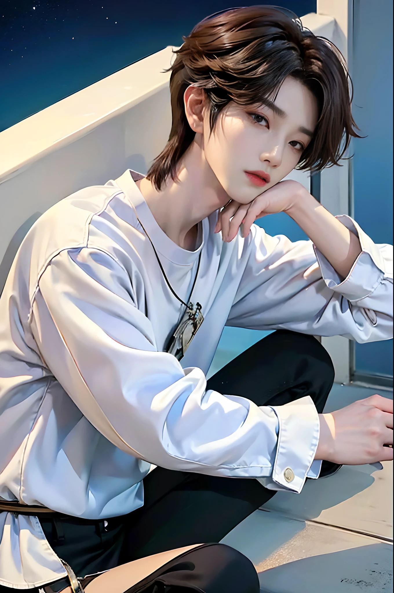 masterpiece、(top-quality)、((high-level image quality))、One Manly Boy、Slim body、((White Y-shirt and long black pants))、(Detailed beautiful eyes)、September Night Road、sitting on a curb、Face similar to Chaewon in Ruseraphim、((short hair above the ears))、((Smaller face))、((Neutral face))、((Light brown eyes))、((Korean boy))、((18year old))、((Handsome man))、((Wild look))、((Korean Makeup))、((elongated and sharp eyes))、((Sit next to the viewer))、((shot from a side angle))、((The upper part of the body))、((Close-range shooting))