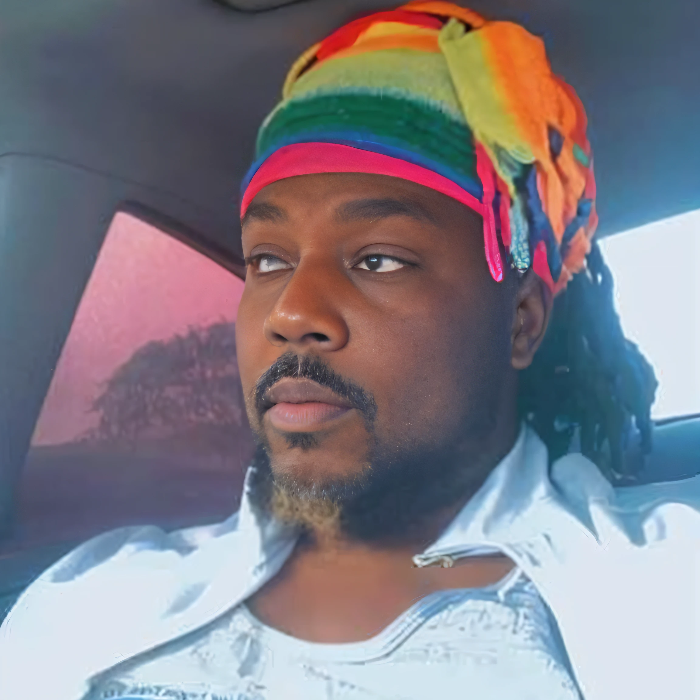 there is a man with a colorful hat on sitting in a car, inspired by Ras Akyem, taken in the early 2020s, trending photo, profile photo, alphonse musha, rodney matthew, album photo, art masterpice, 2019 trending photo, eric cartman in real life, lots of dreadlocks on the head