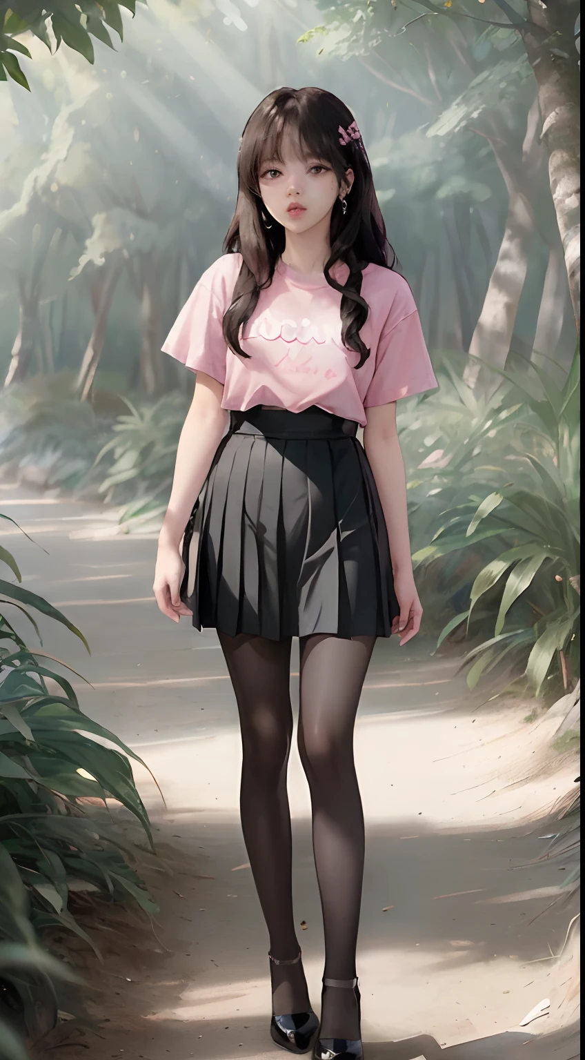 ((Lisa from Blackpink)), very tall girl, t-shirt, tiny pleated skirt, exposed_pink_panties, black pantyhose to the waist, high heels, very light skin, very long hair, wavy hair, camp, forest, photorealistic, indirect lighting , volumetric light, ray tracing, hyperdetailed, best quality, high resolution, HDR, 8k