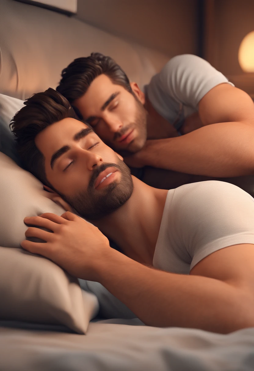 Two attractive men lying in bed holding each other kissing