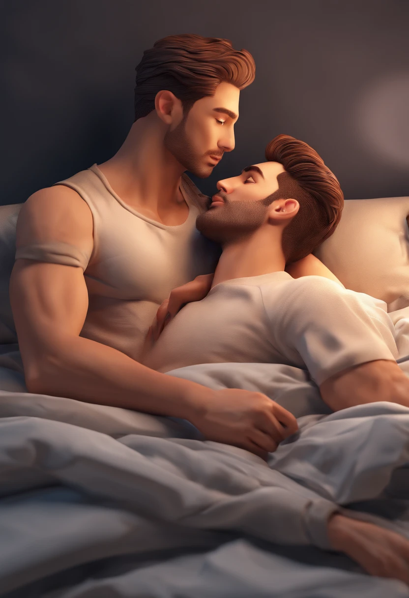 Two attractive men lying in bed holding each other kissing