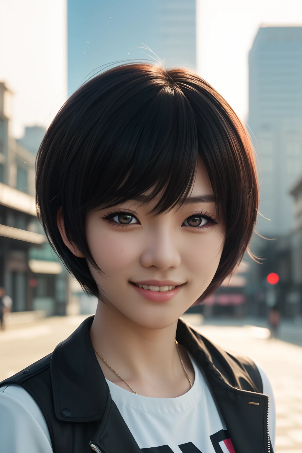 (best quality,high quality,ultra-realistic:1.2),2.5D Anime,vibrant colors,portrait,sharp focus,extremely detailed,intense lighting,female teenager,Asian,black eyes,smile,pixie cut,sunny day,intricate details,City background
