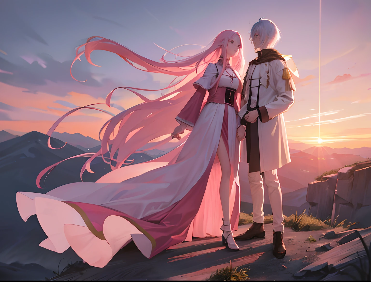 woman ((Long pink hair)) is man ((Short platinum hair)), holding hands, on top of a mountain, at sunset, man and woman wearing light medieval clothes.